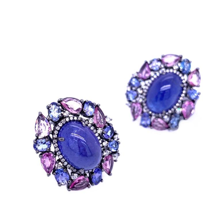 Contemporary RUCHI Tanzanite, Pink Sapphire and Diamond Black Rhodium Clip-On Earrings For Sale