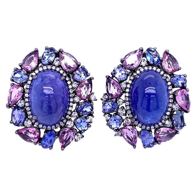 RUCHI Tanzanite, Pink Sapphire and Diamond Black Rhodium Clip-On Earrings For Sale