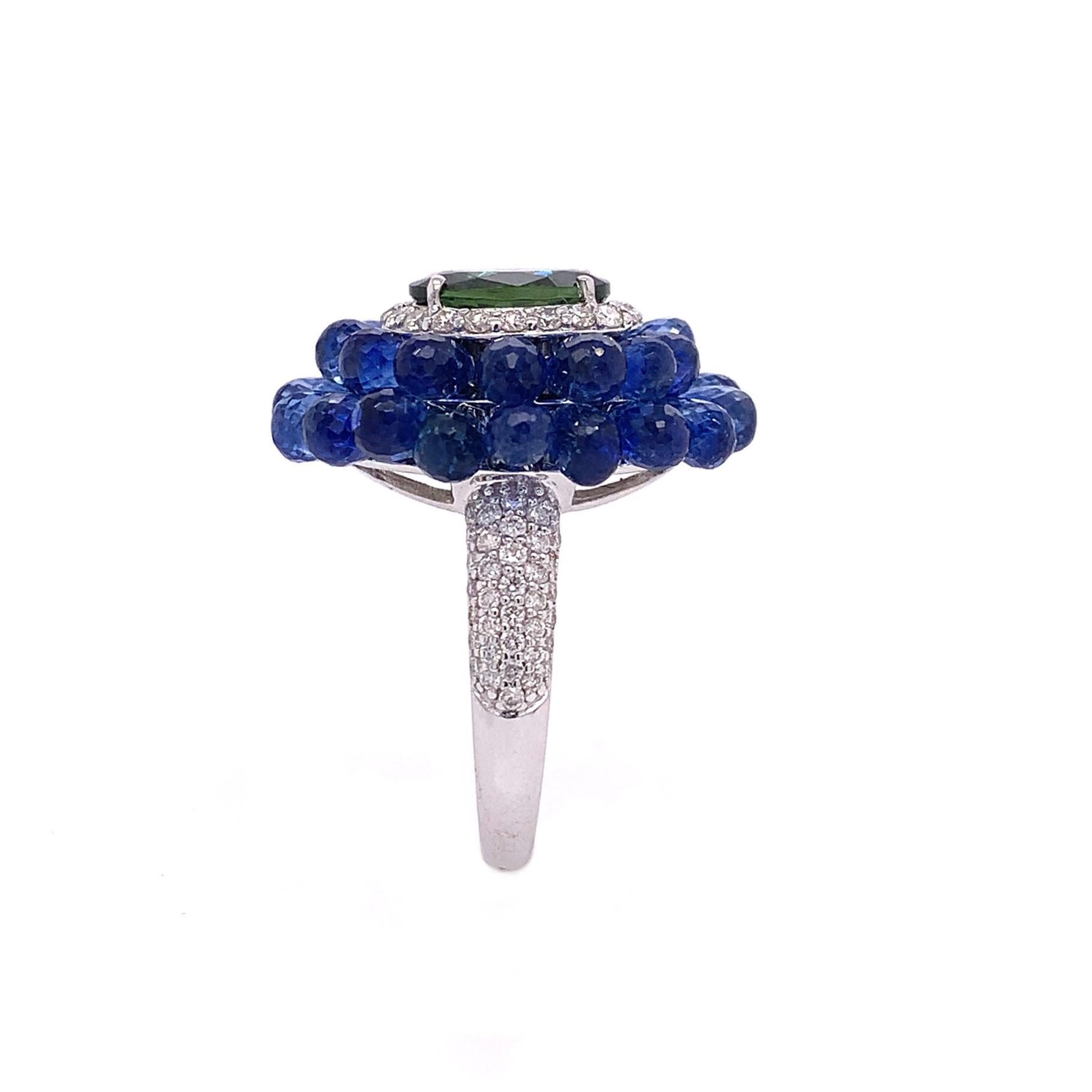 Briolette Cut RUCHI Green Tourmaline, Blue Sapphire and Diamond White Gold Cocktail Ring For Sale