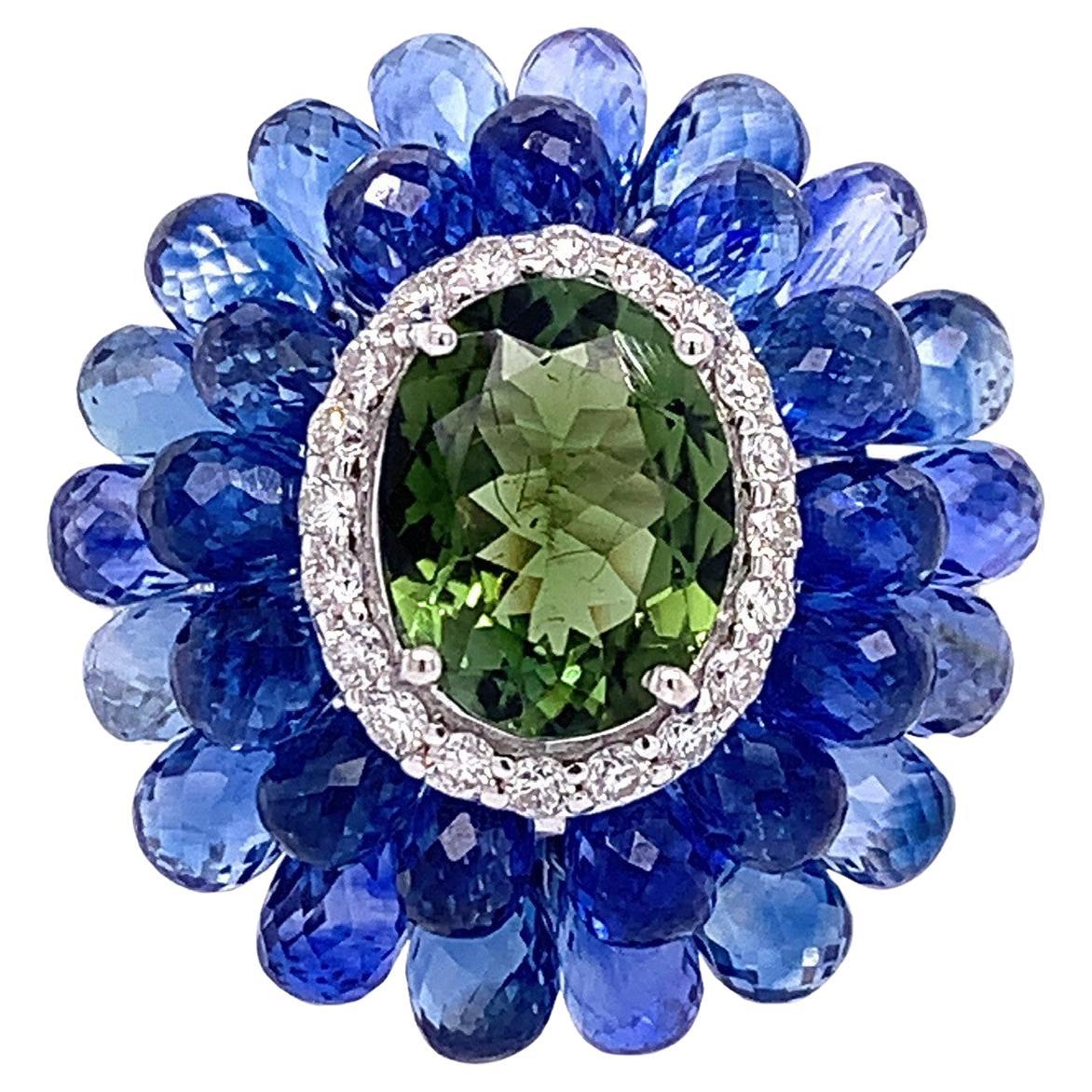 RUCHI Green Tourmaline, Blue Sapphire and Diamond White Gold Cocktail Ring For Sale