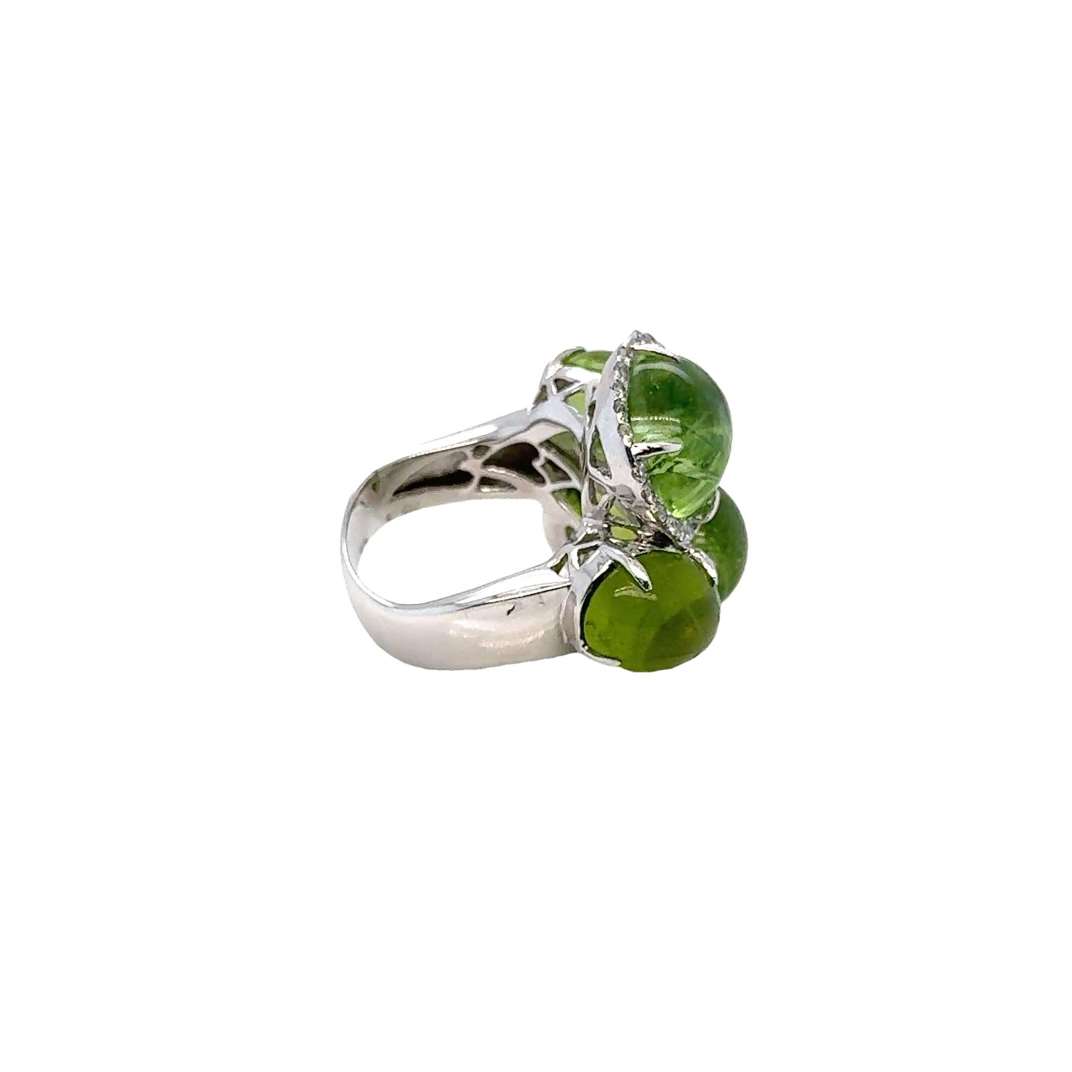 Contemporary RUCHI Green Tourmaline Cabochons & Diamond White Gold Statement Ring For Sale