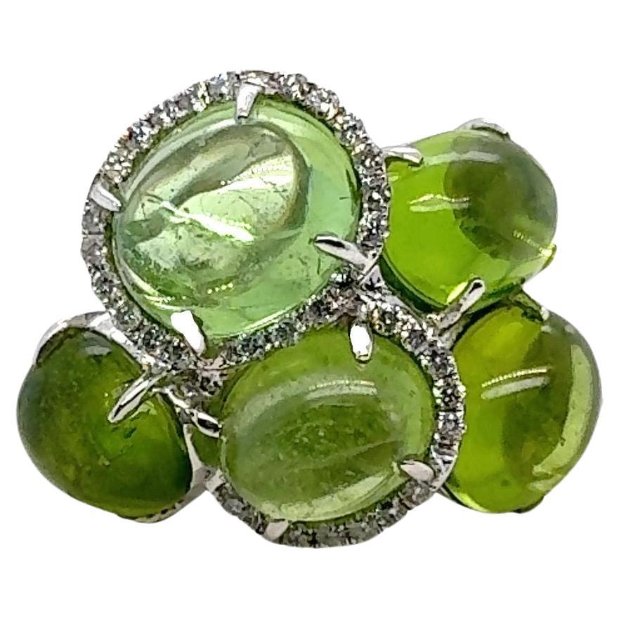 RUCHI Green Tourmaline Cabochons & Diamond White Gold Statement Ring For Sale