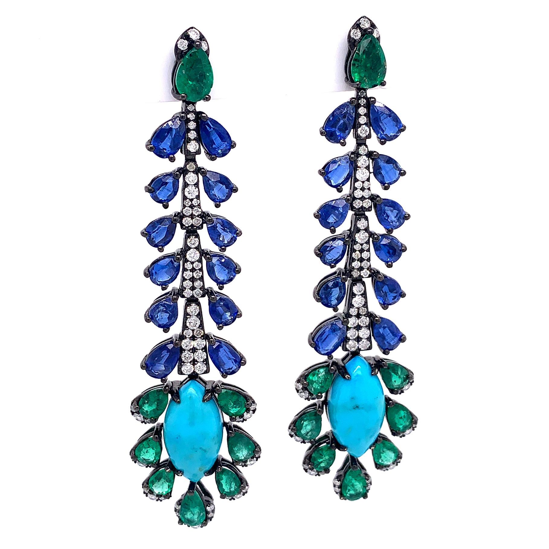 Contemporary Ruchi New York Turquoise, Kyanite, Emerald and Diamond Earrings
