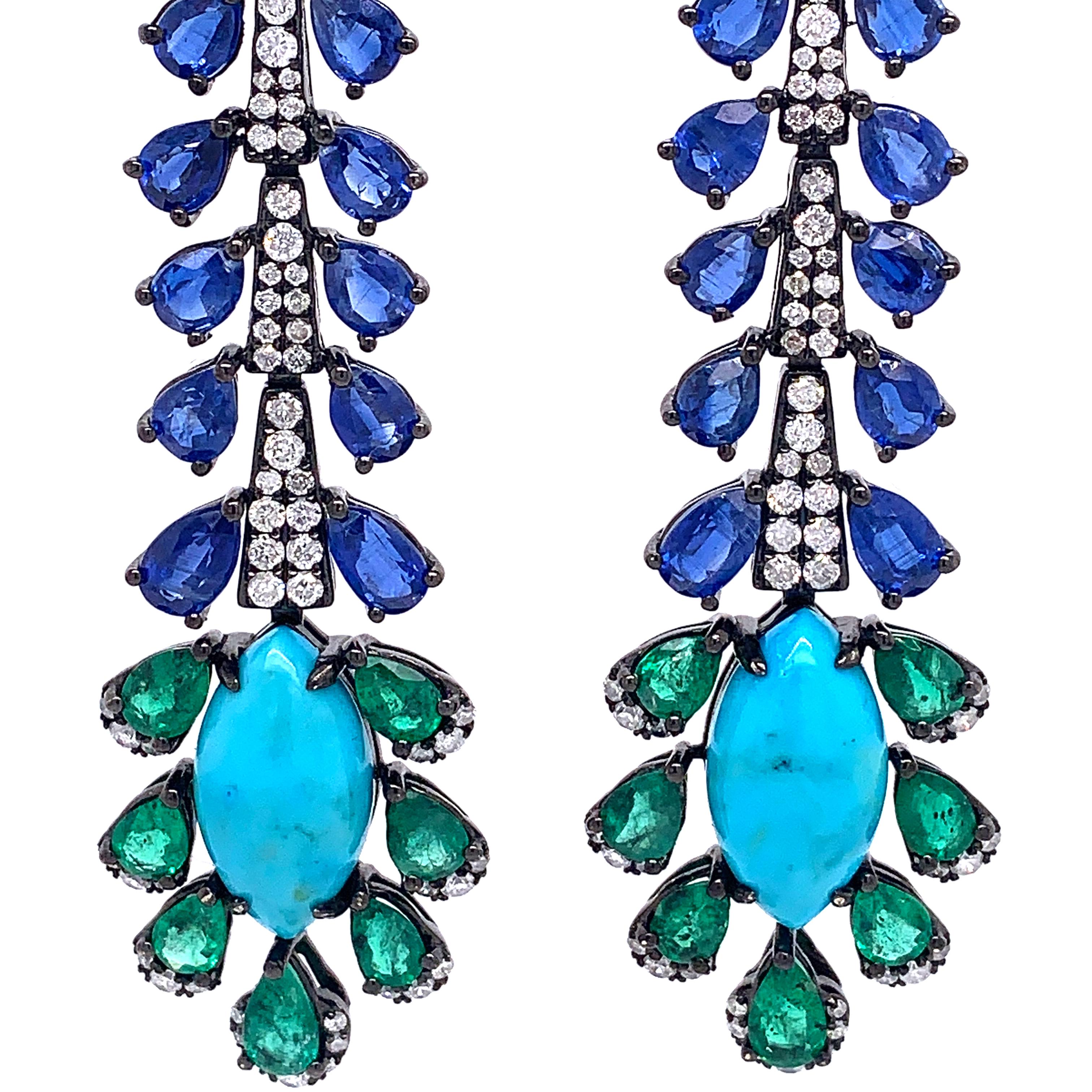 Pear Cut Ruchi New York Turquoise, Kyanite, Emerald and Diamond Earrings