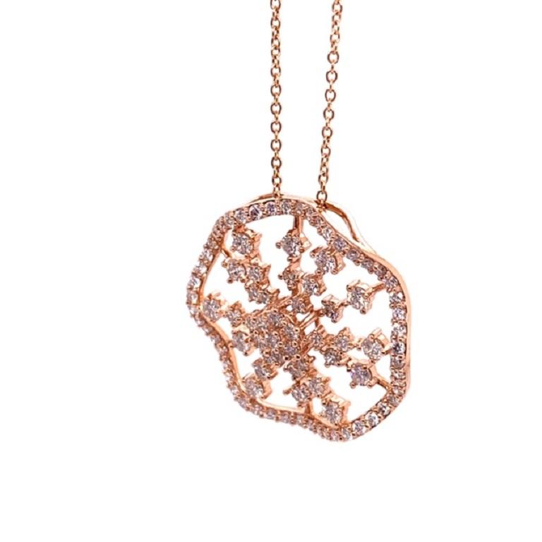 Scintillation Collection

Wavy Diamond pendant set in 18k rose gold. Chain included is 18 inches.  

Diamonds: 1.47ct total weight.
All diamonds are G-H/SI stones.
