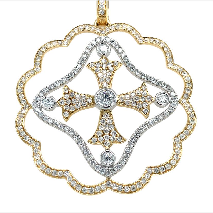 Mixed Cut RUCHI White Diamond Two-Tone Gold Cross Pendant Necklace For Sale