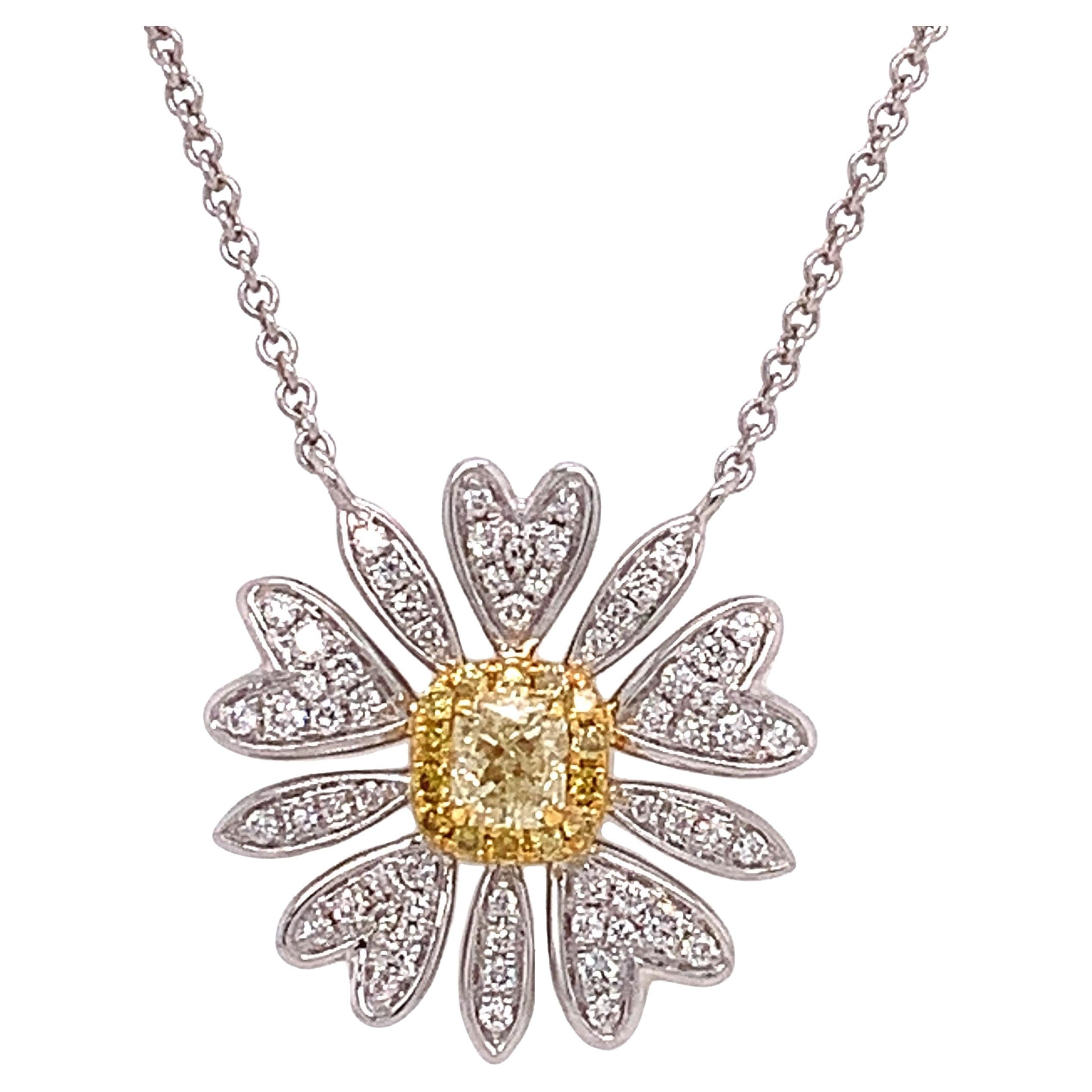 RUCHI Fancy Yellow and White Diamond Two-Tone Gold Flower Pendant Necklace For Sale