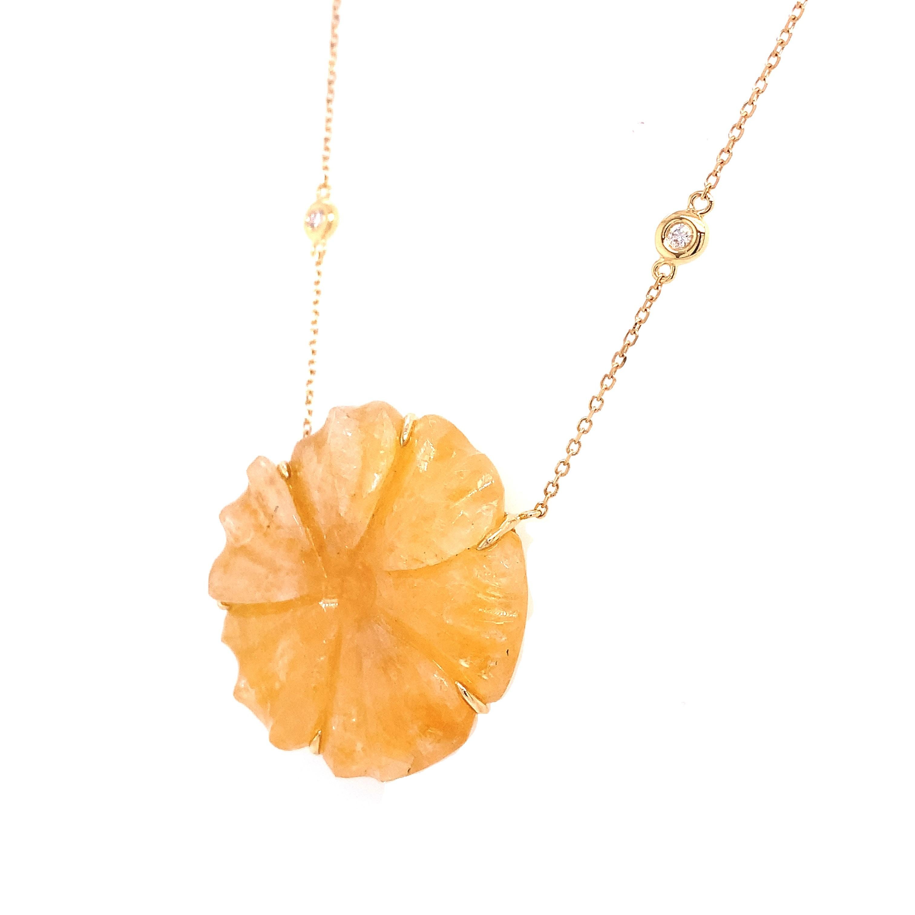Contemporary RUCHI 84.65 Carat Carved Yellow Sapphire and Diamond Yellow Gold Flower Pendant For Sale