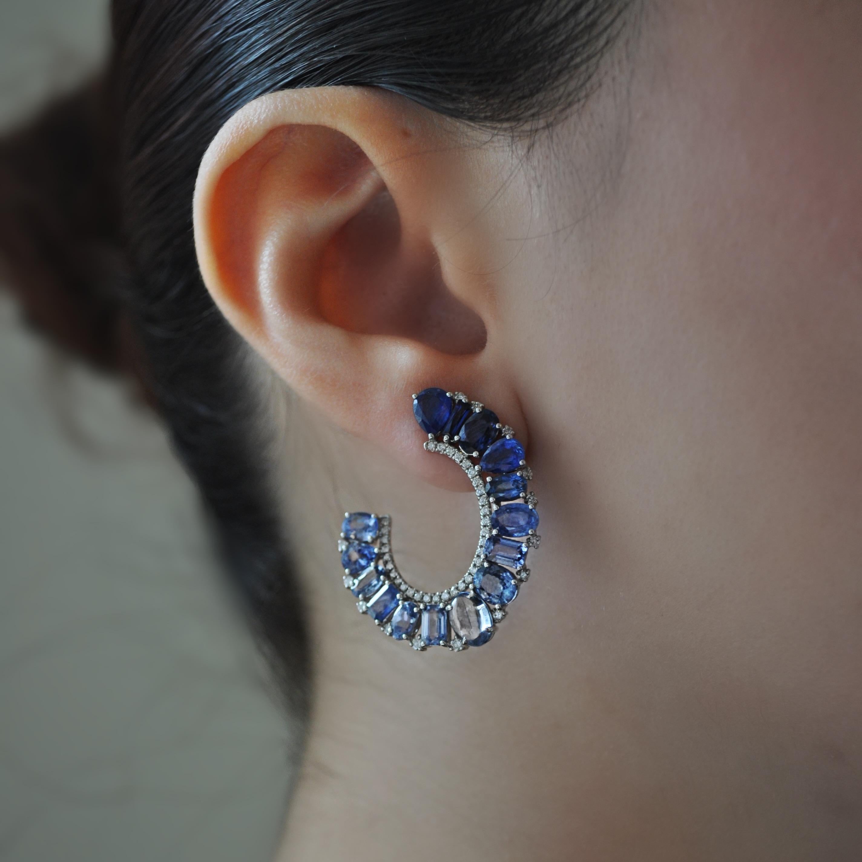 Women's or Men's RUCHI Ombré Blue Sapphire and Diamond Diamond C-Shape Clip-On Earrings For Sale