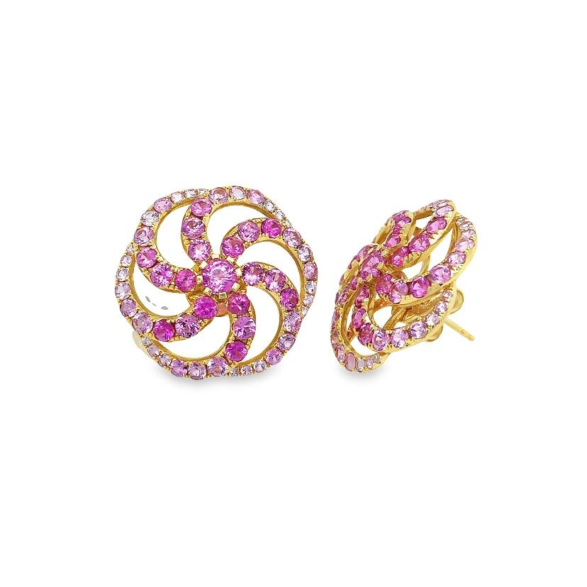 Round Cut RUCHI Ombré Pink Sapphire Yellow Gold Wheel Stud Earrings For Sale