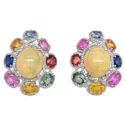 RUCHI Ohrclips aus Weißgold mit Opal, Diamant und mehrfarbigem Saphir