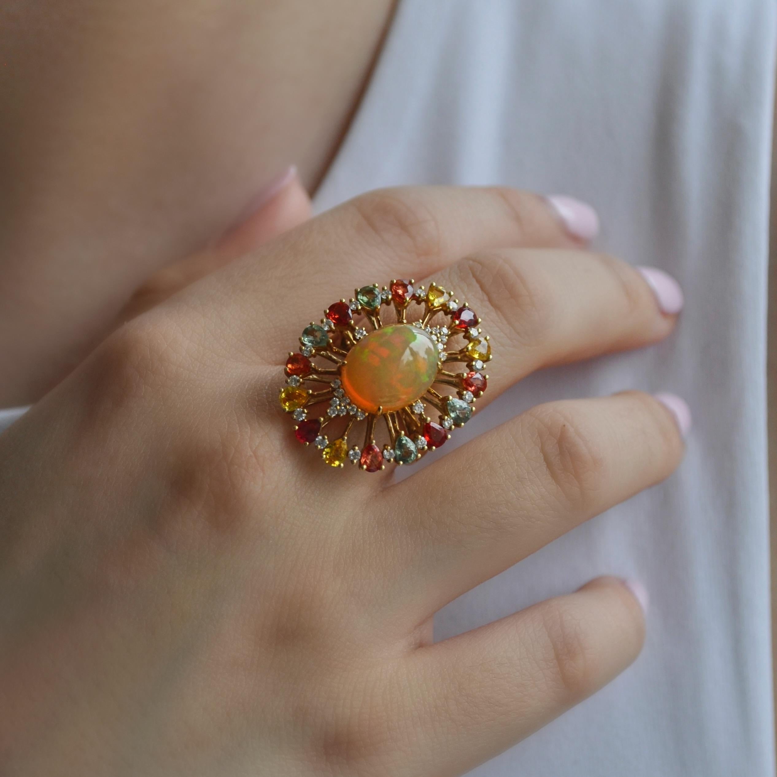 Mixed Cut RUCHI Ethiopian Opal, Multi-Color Sapphire & Diamond Yellow Gold Cocktail Ring For Sale