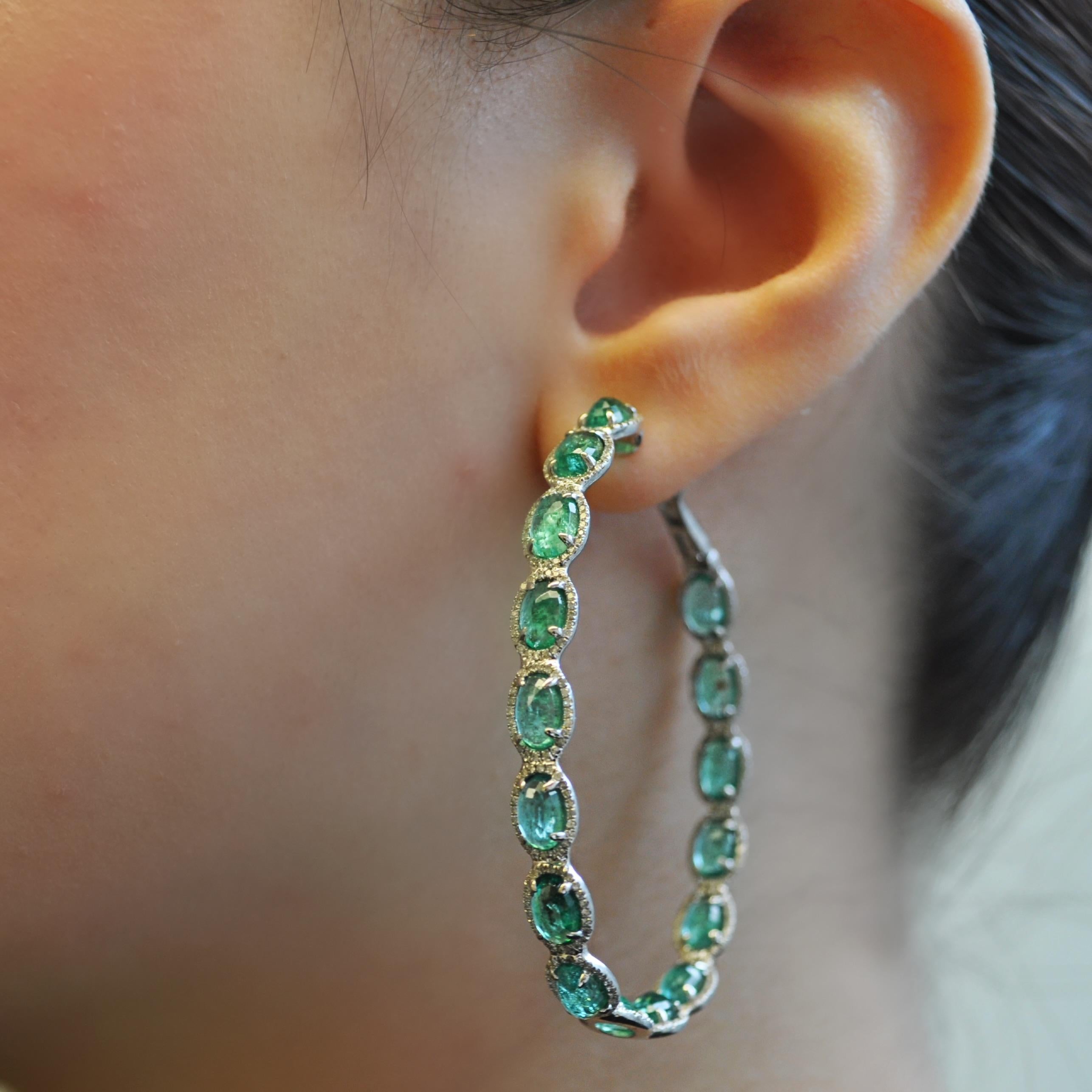 Women's RUCHI Oval-Cut Emerald with Pavé Diamond White Gold Hoop Earrings For Sale