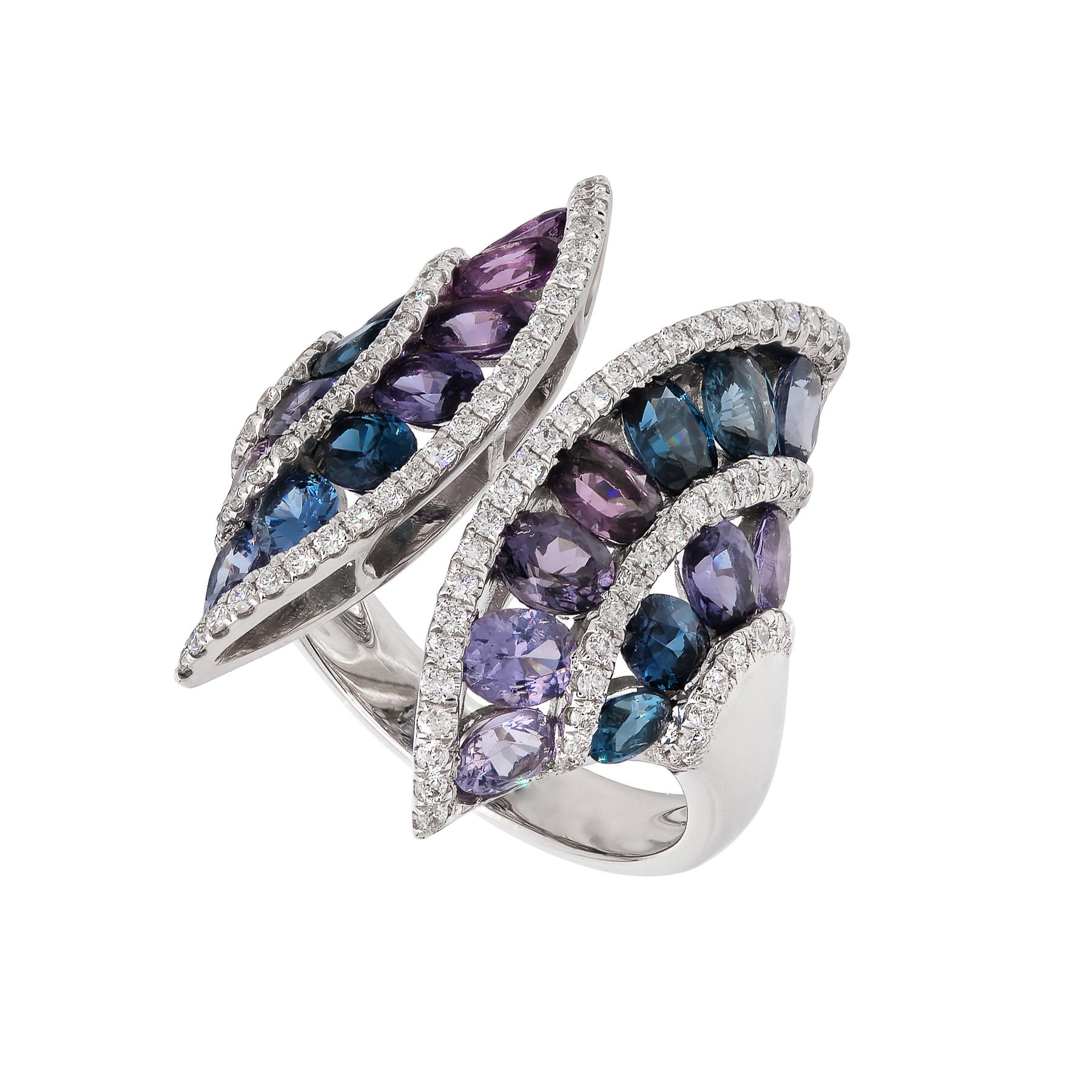 18K White Gold
Multi color Sapphires: 3.65 cts
Diamond: 0.50 cts
All diamonds are G-H/SI stones.