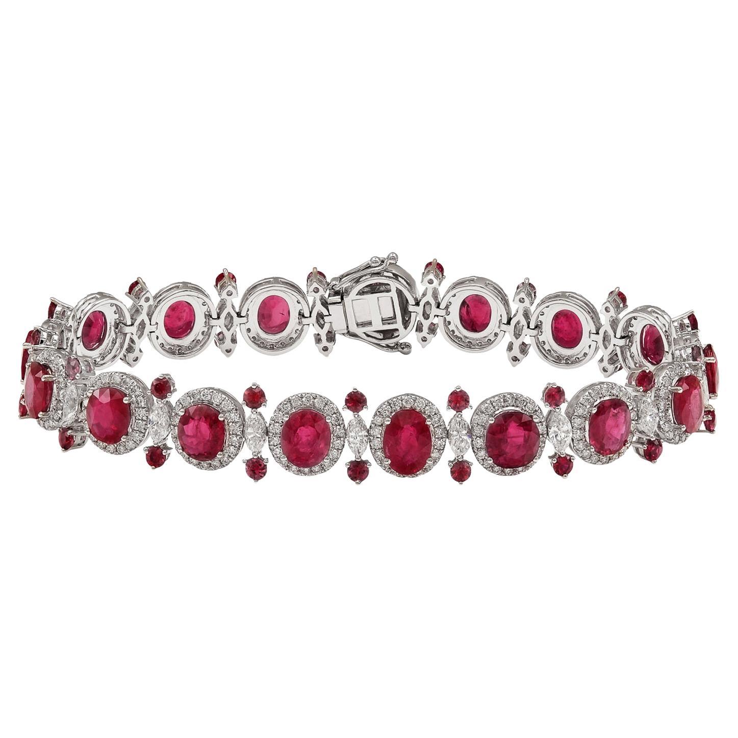 RUCHI Oval Ruby and Diamond White Gold Link Bracelet For Sale