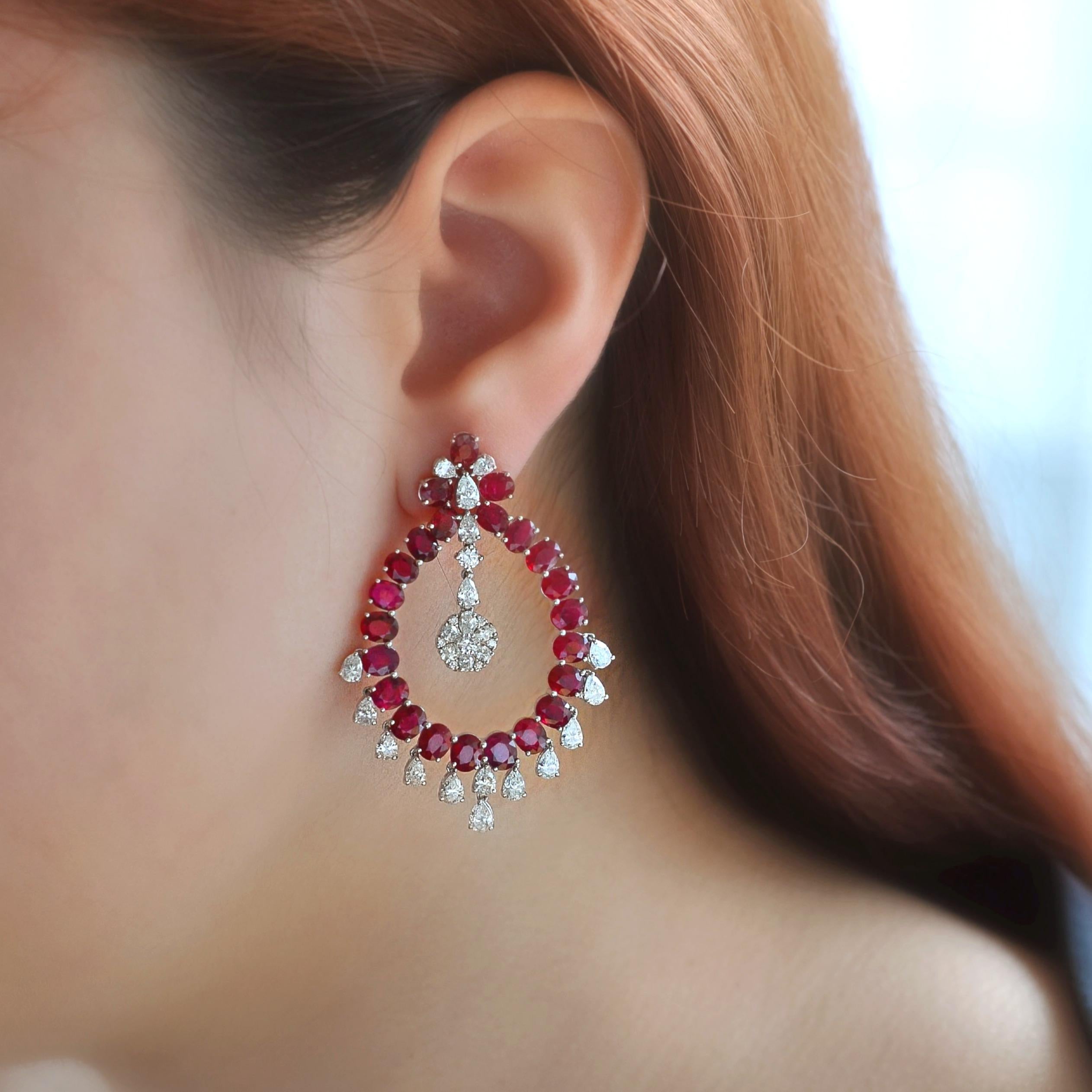 Contemporary RUCHI Oval Ruby and Pear Shaped Diamond White Gold Chandelier Earrings For Sale