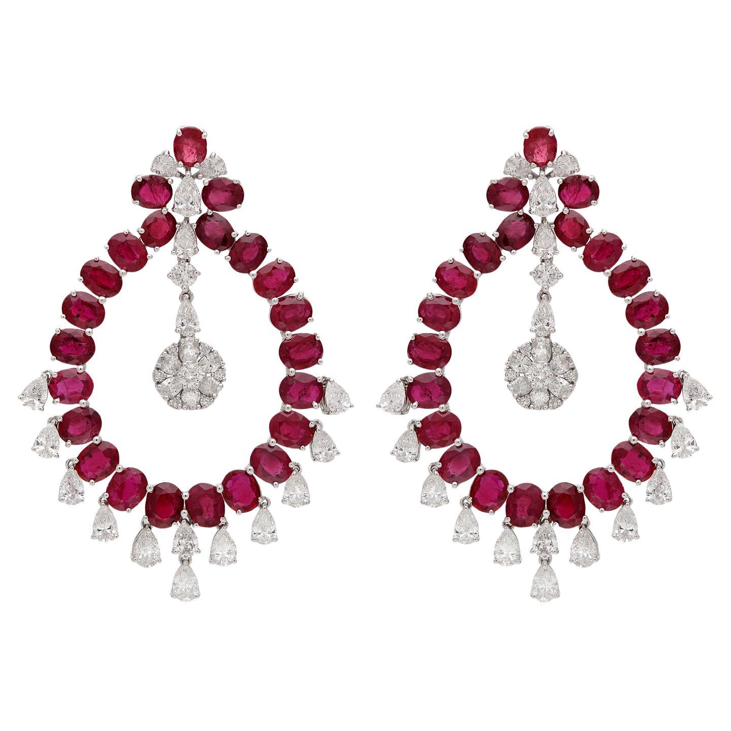 RUCHI Oval Ruby and Pear Shaped Diamond White Gold Chandelier Earrings