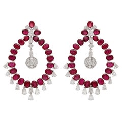 RUCHI Oval Ruby and Pear Shaped Diamond White Gold Chandelier Earrings