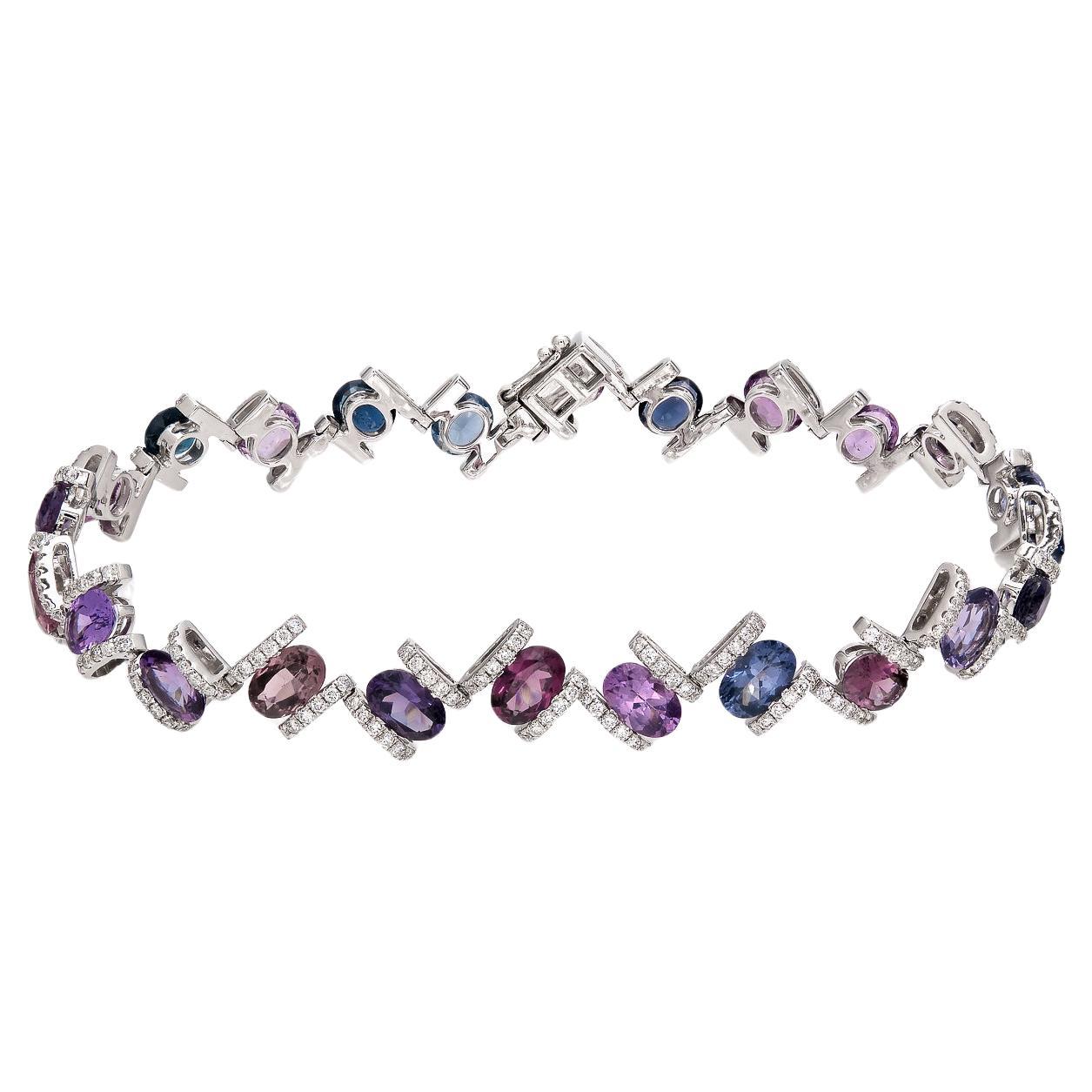 RUCHI Oval-Shaped Purple Sapphire and Diamond White Gold Link Bracelet For Sale