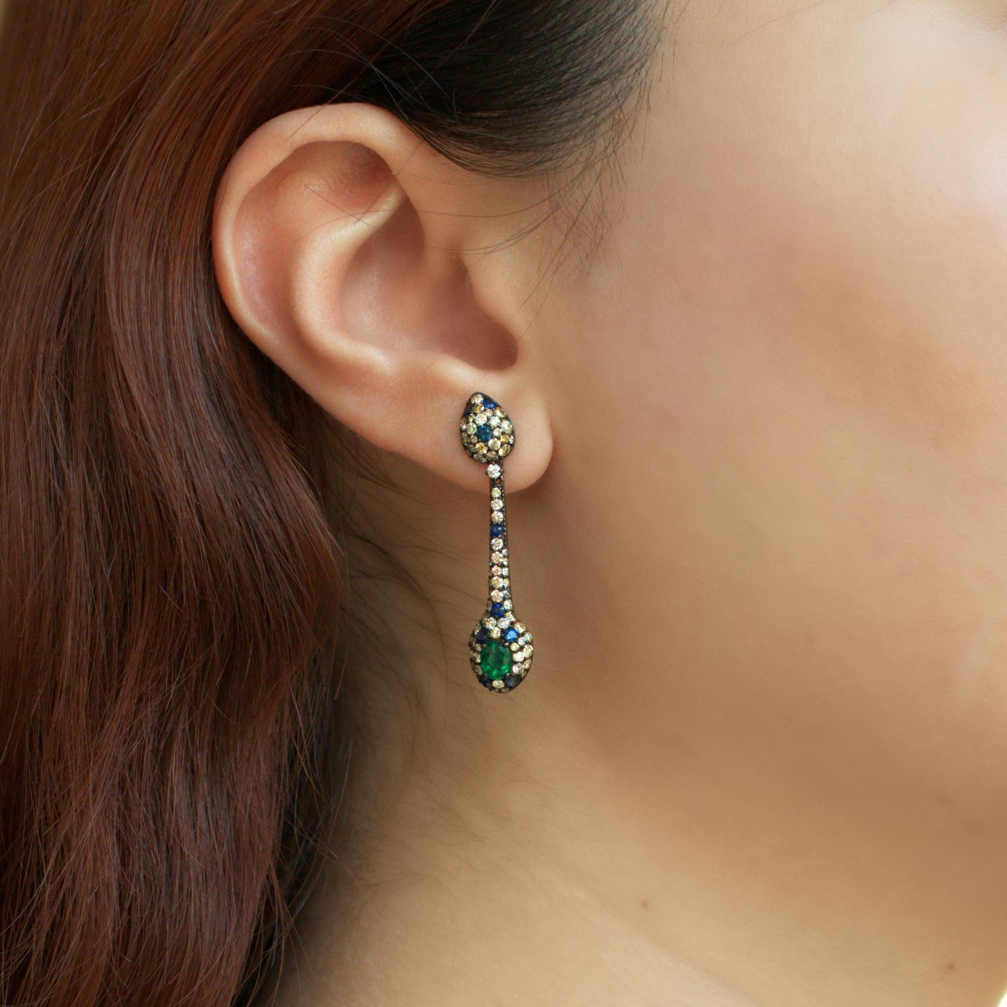 RUCHI Pavé Emerald, Blue Sapphire & Diamond Black Rhodium Linear Dangle Earrings In New Condition For Sale In New York, NY