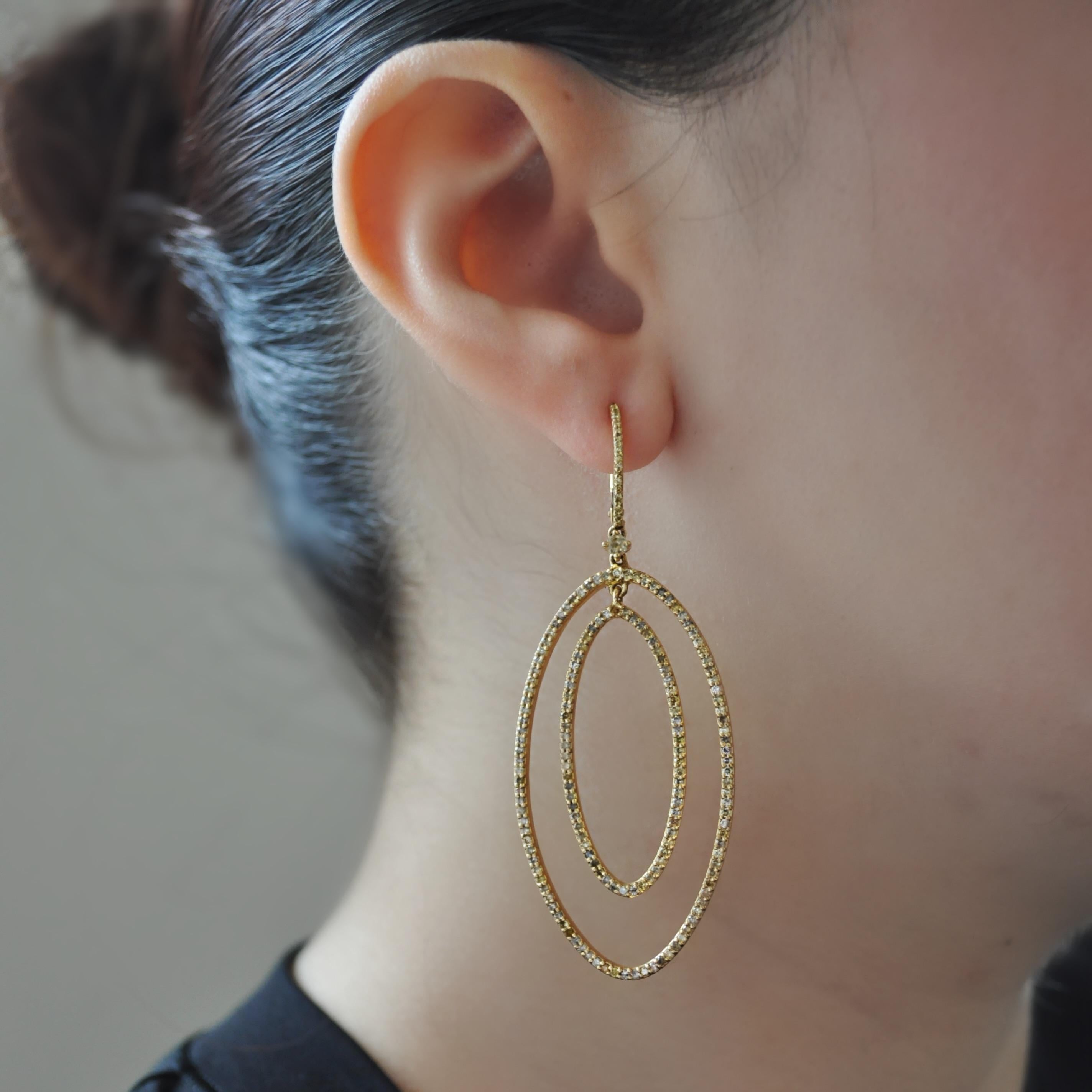 Women's RUCHI Pavé Fancy Diamond Yellow Gold Double-Oval Drop Earrings For Sale
