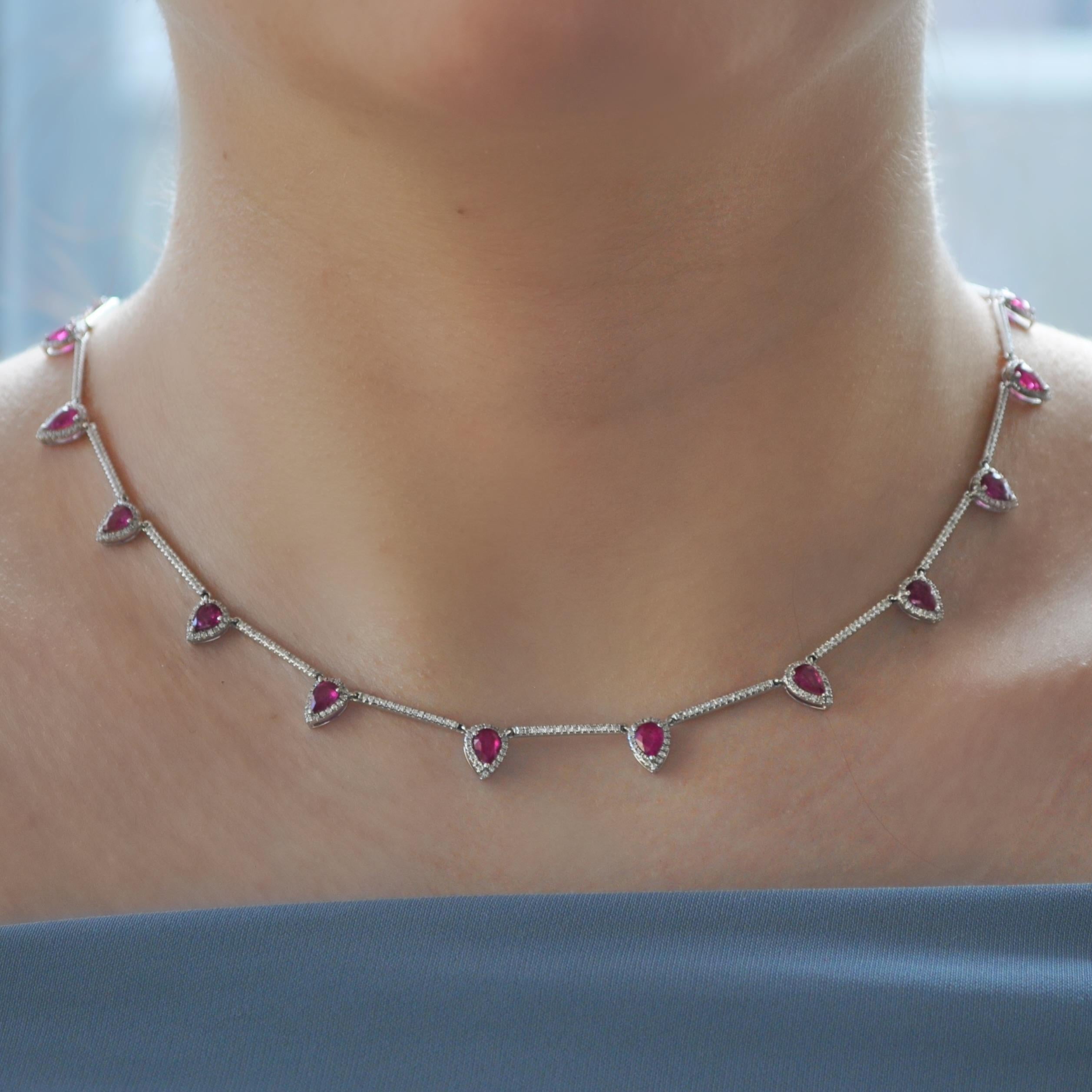 Contemporary RUCHI Pear-Cut Ruby and Diamond White Gold Necklace For Sale