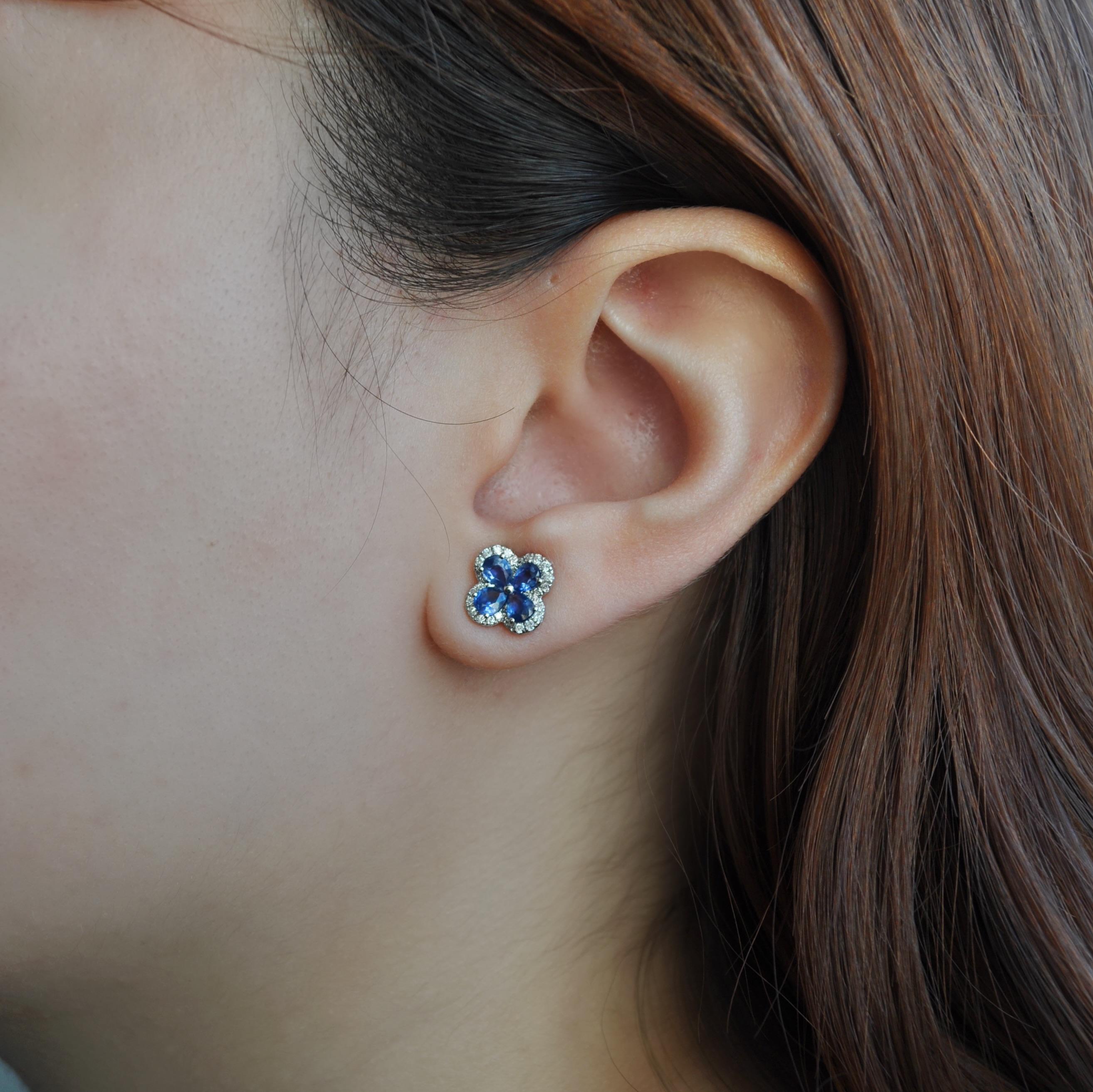 Contemporary RUCHI Pear-Shaped Blue Sapphire and Diamond White Gold Four-Petal Flower Studs For Sale