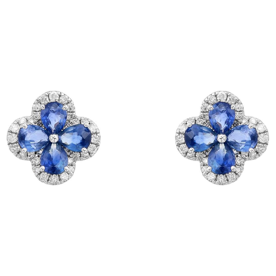 RUCHI Pear-Shaped Blue Sapphire and Diamond White Gold Four-Petal Flower Studs For Sale