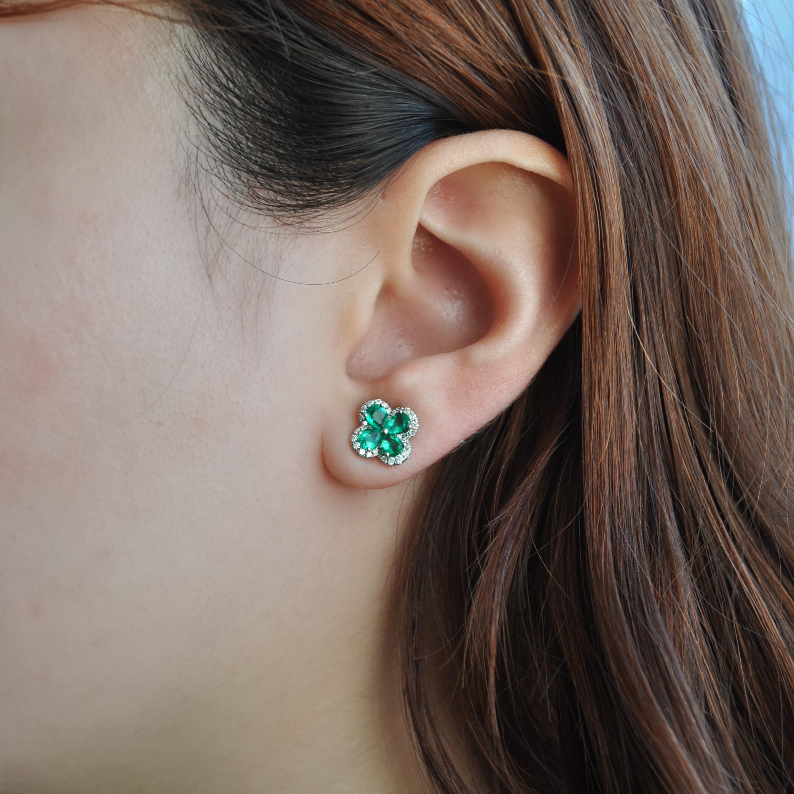 Contemporary RUCHI Pear-Shaped Emerald an Diamond White Gold Flower Stud Earrings For Sale