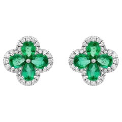 RUCHI Pear-Shaped Emerald an Diamond White Gold Flower Stud Earrings