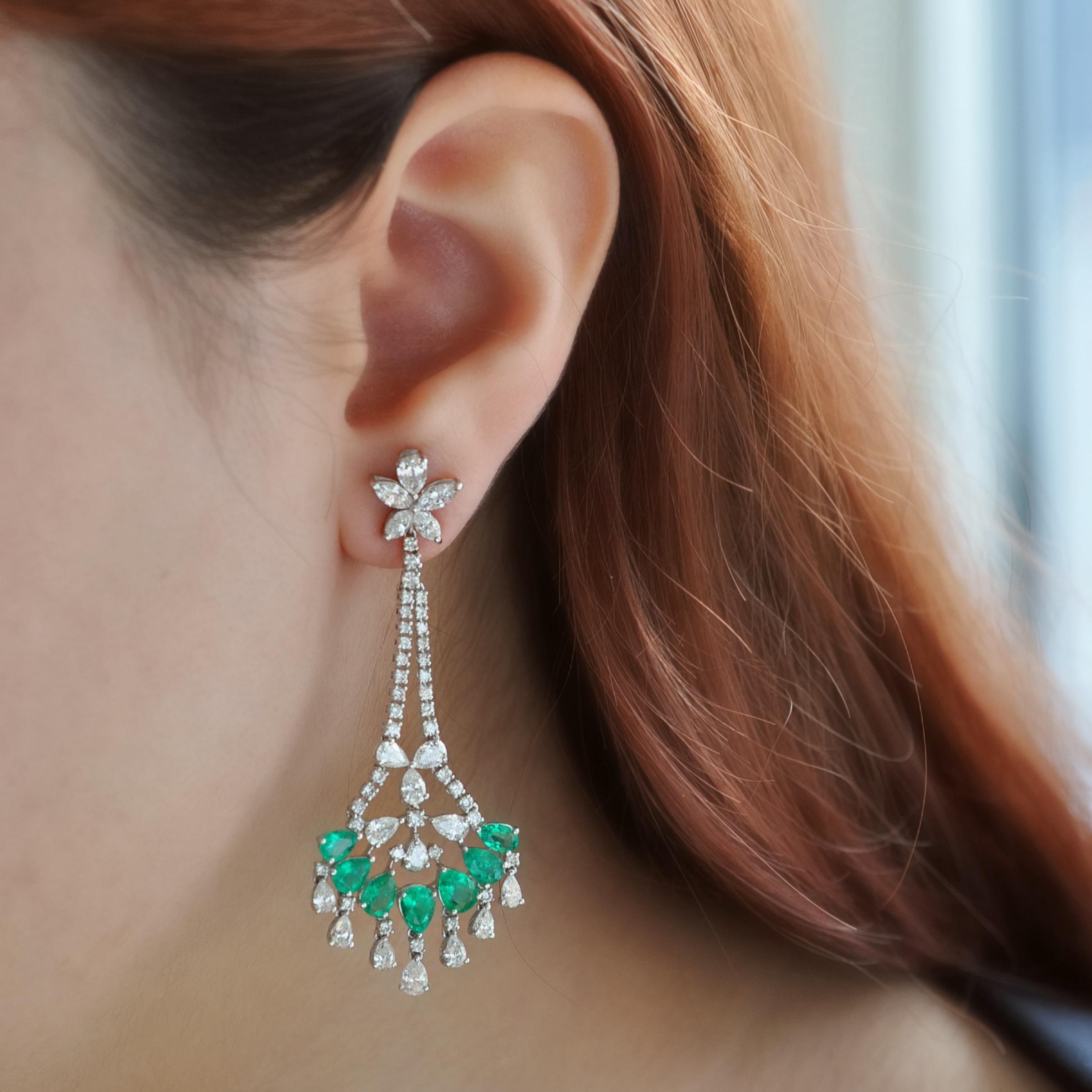 RUCHI Pear Shaped Emerald & Diamond White Gold Floral Chandelier Earrings In New Condition For Sale In New York, NY