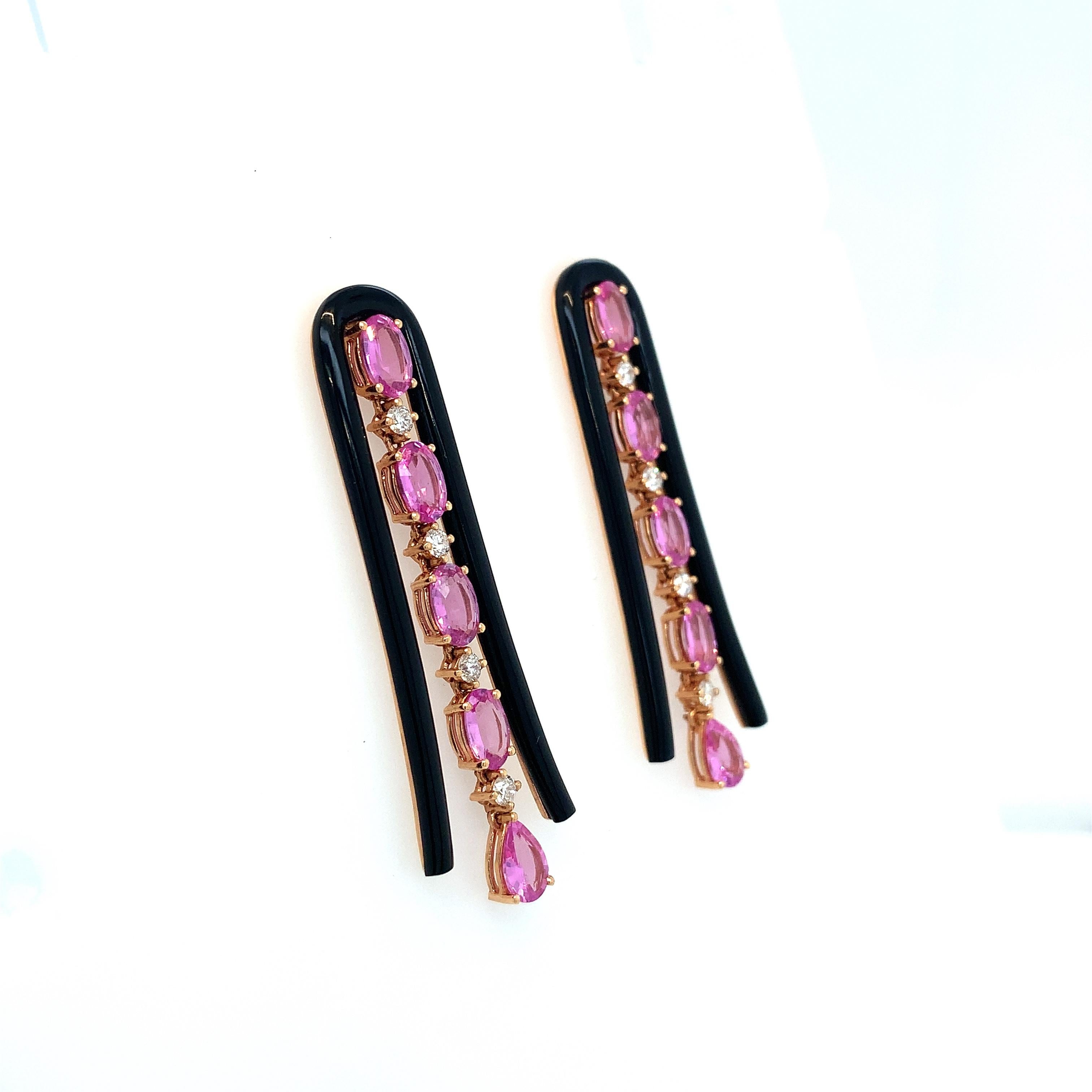 Contemporary RUCHI Pink Sapphire and Black Agate U-Shape Rose Gold Dangle Earrings For Sale