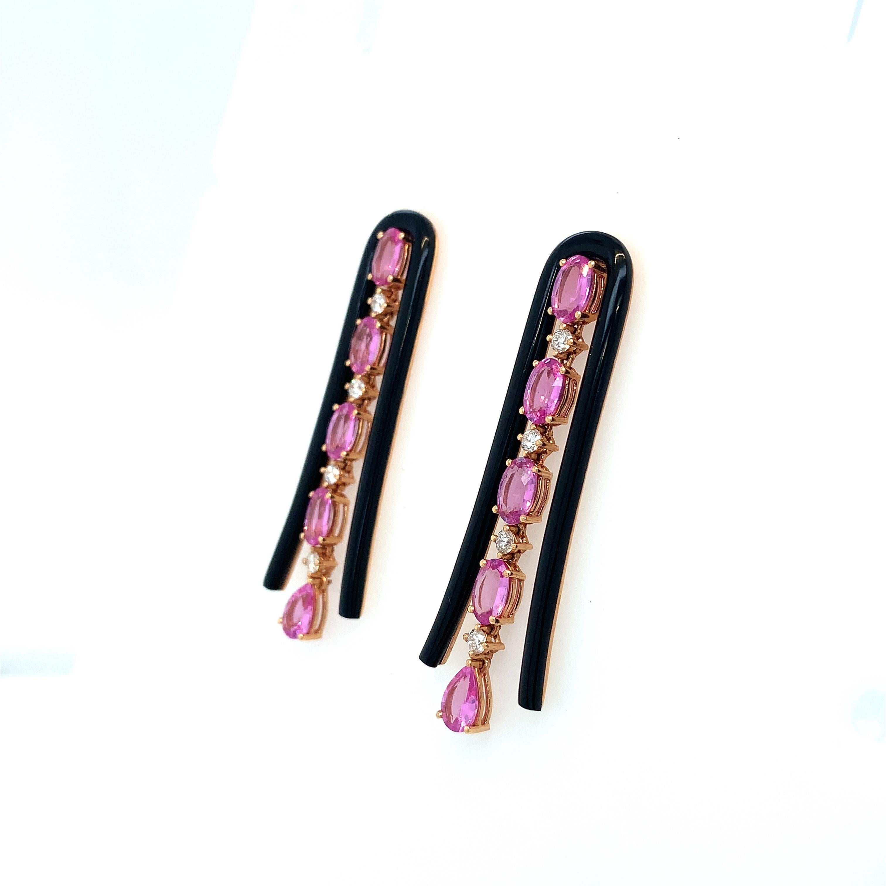 Mixed Cut RUCHI Pink Sapphire and Black Agate U-Shape Rose Gold Dangle Earrings For Sale