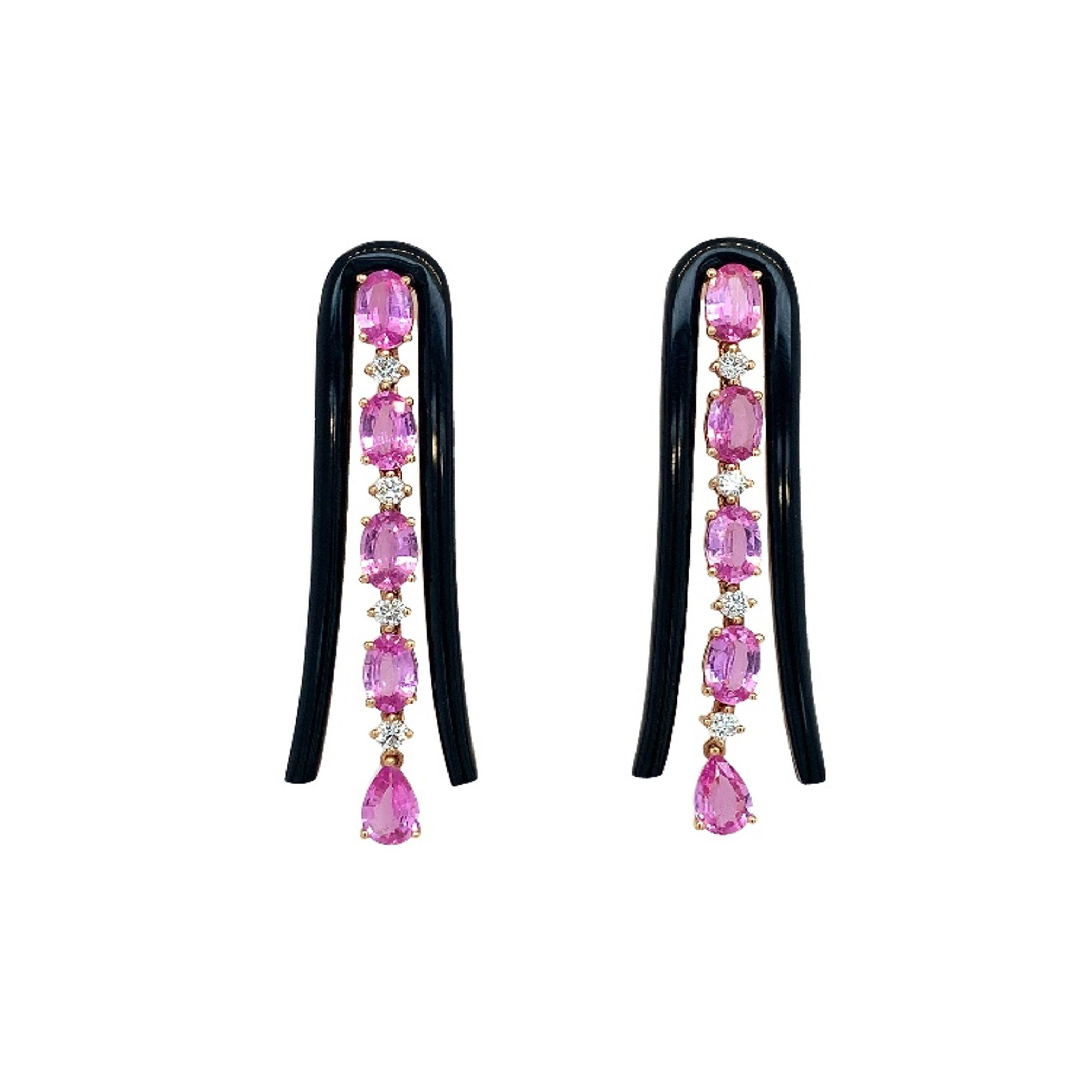 RUCHI Pink Sapphire and Black Agate U-Shape Rose Gold Dangle Earrings In New Condition For Sale In New York, NY