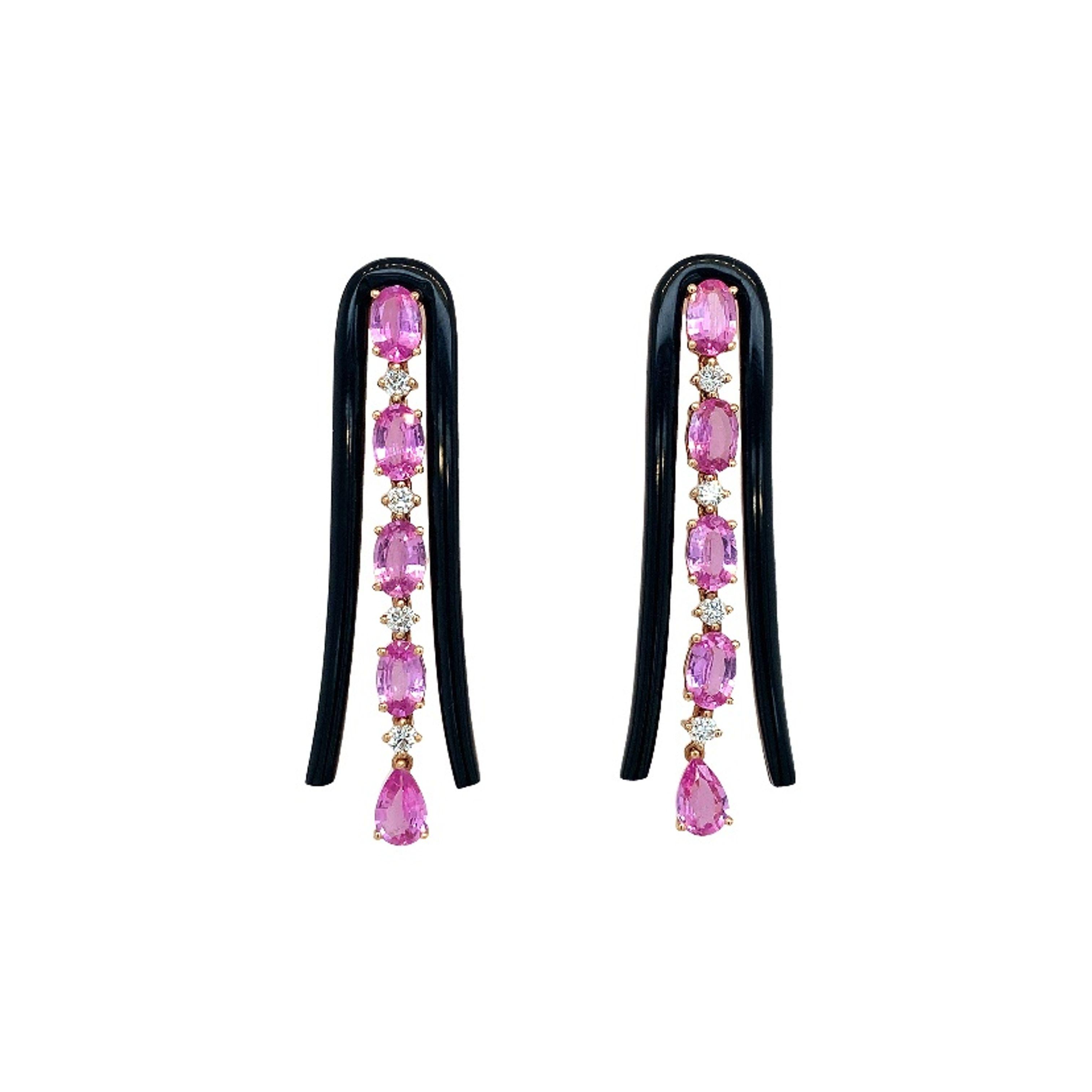 Women's RUCHI Pink Sapphire and Black Agate U-Shape Rose Gold Dangle Earrings For Sale
