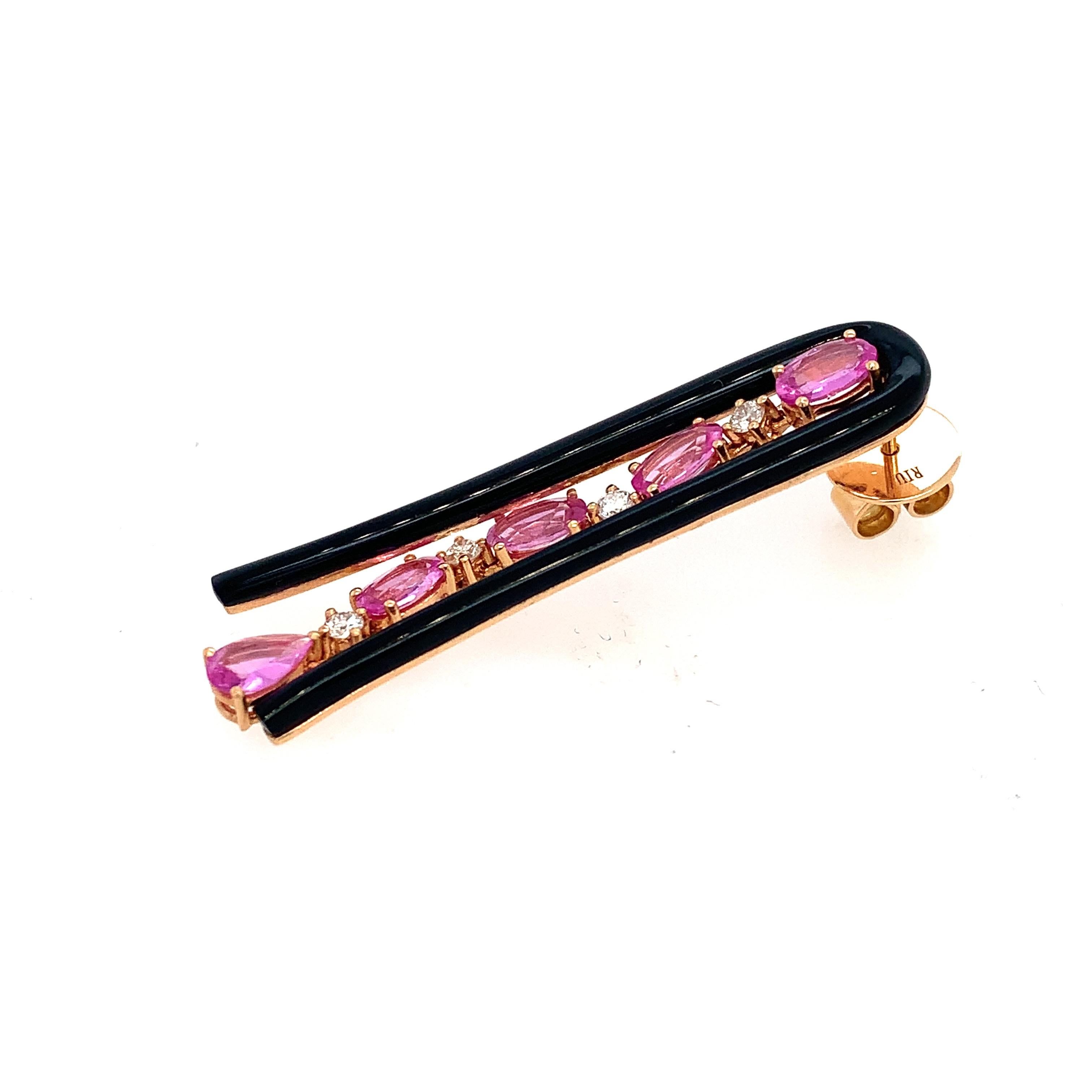 RUCHI Pink Sapphire and Black Agate U-Shape Rose Gold Dangle Earrings For Sale 1