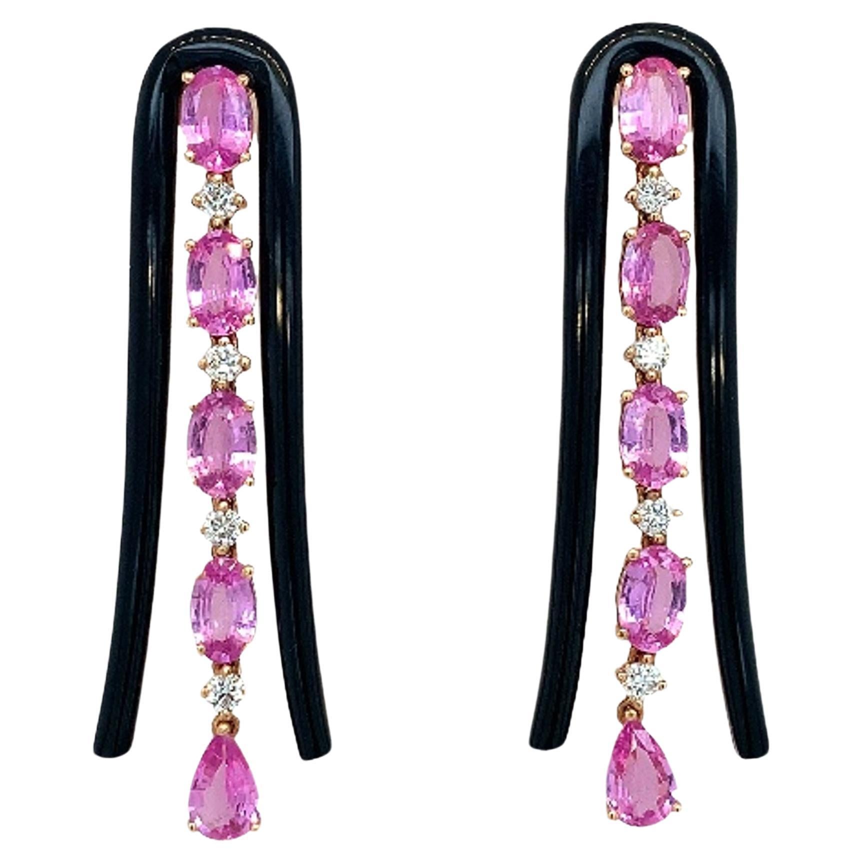 RUCHI Pink Sapphire and Black Agate U-Shape Rose Gold Dangle Earrings For Sale