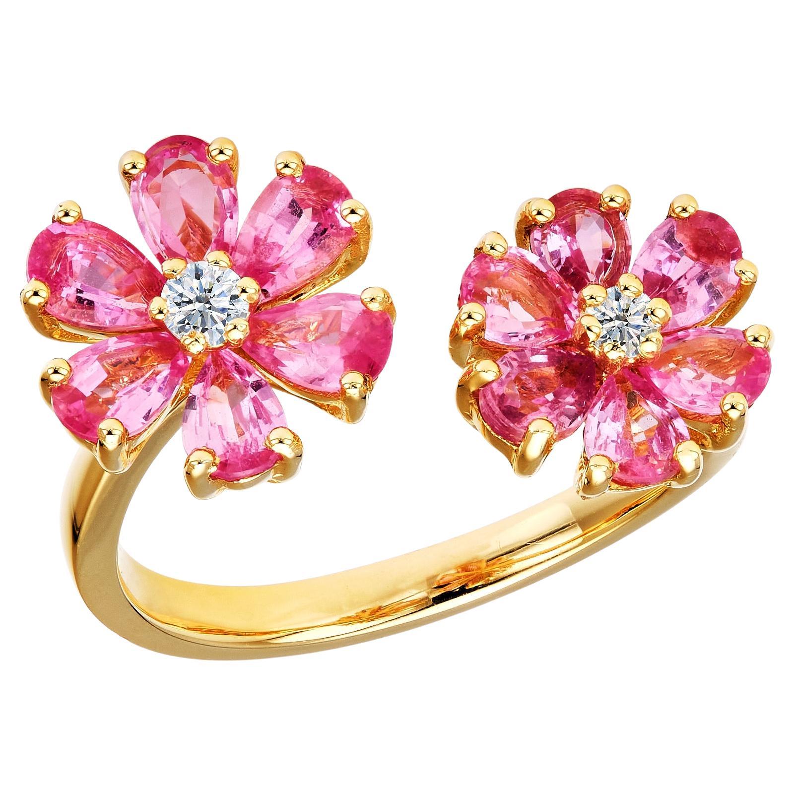 RUCHI Offener Ring in Offener Form mit rosa Saphir und Diamant Blume aus Gelbgold im Angebot