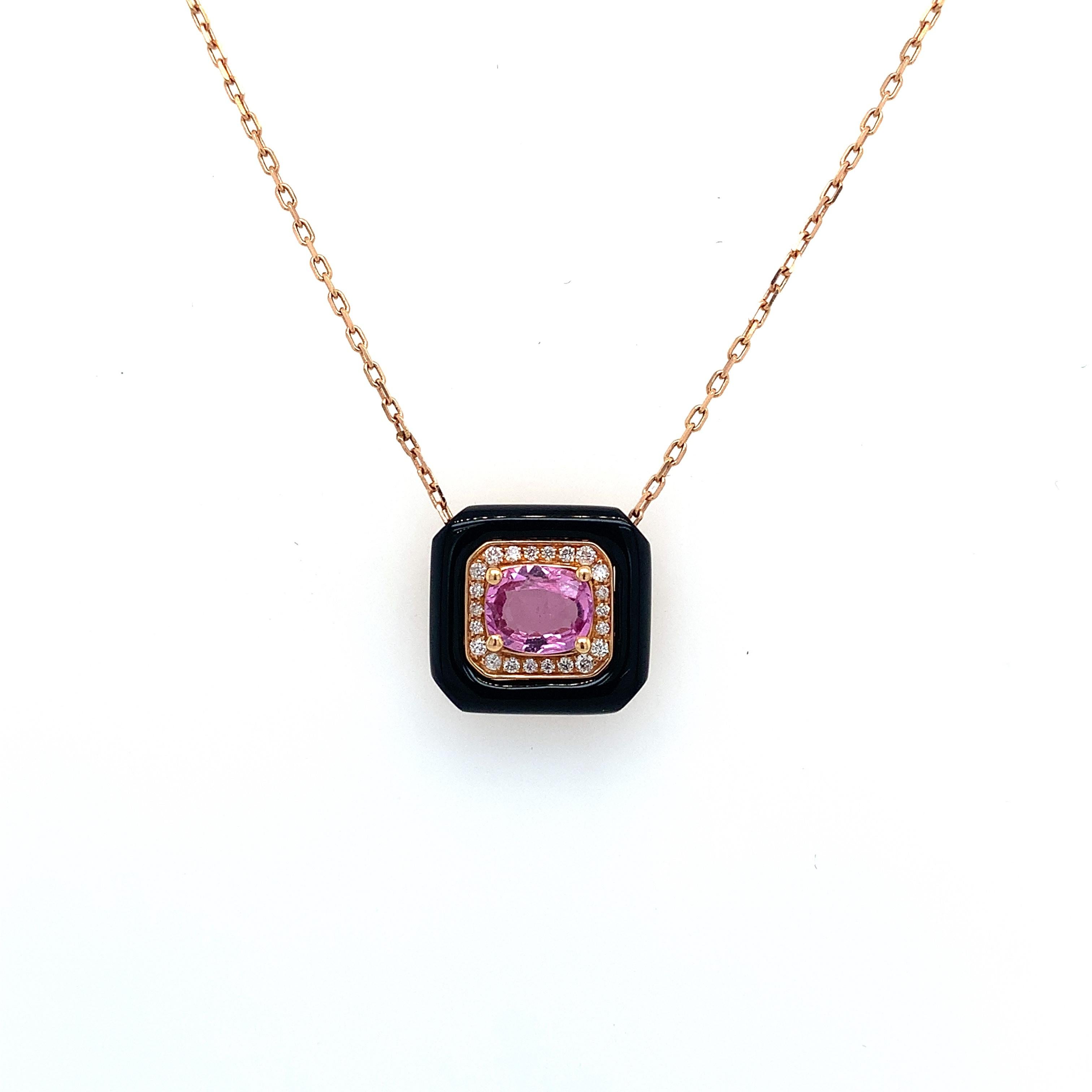 Contemporary RUCHI Pink Sapphire, Black Agate and Diamond Rose Gold Pendant Necklace For Sale