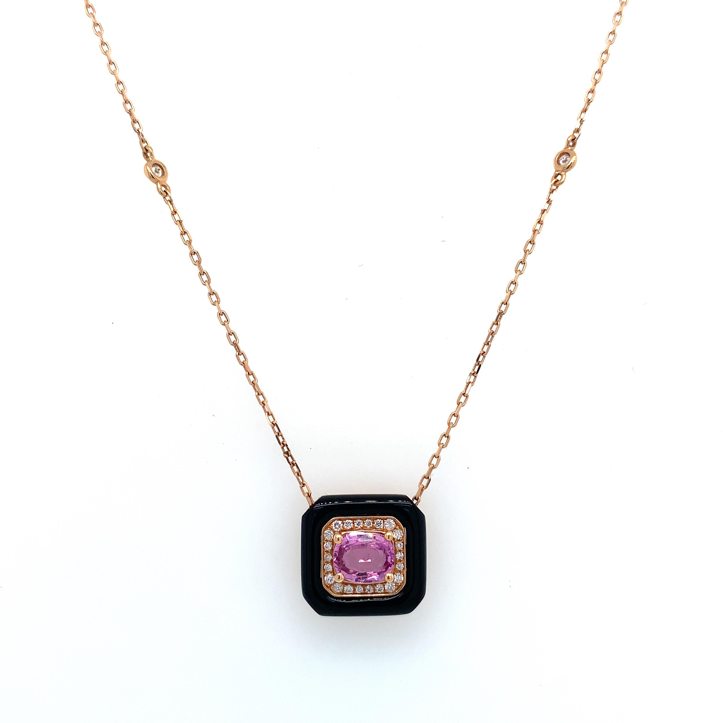 Mixed Cut RUCHI Pink Sapphire, Black Agate and Diamond Rose Gold Pendant Necklace For Sale