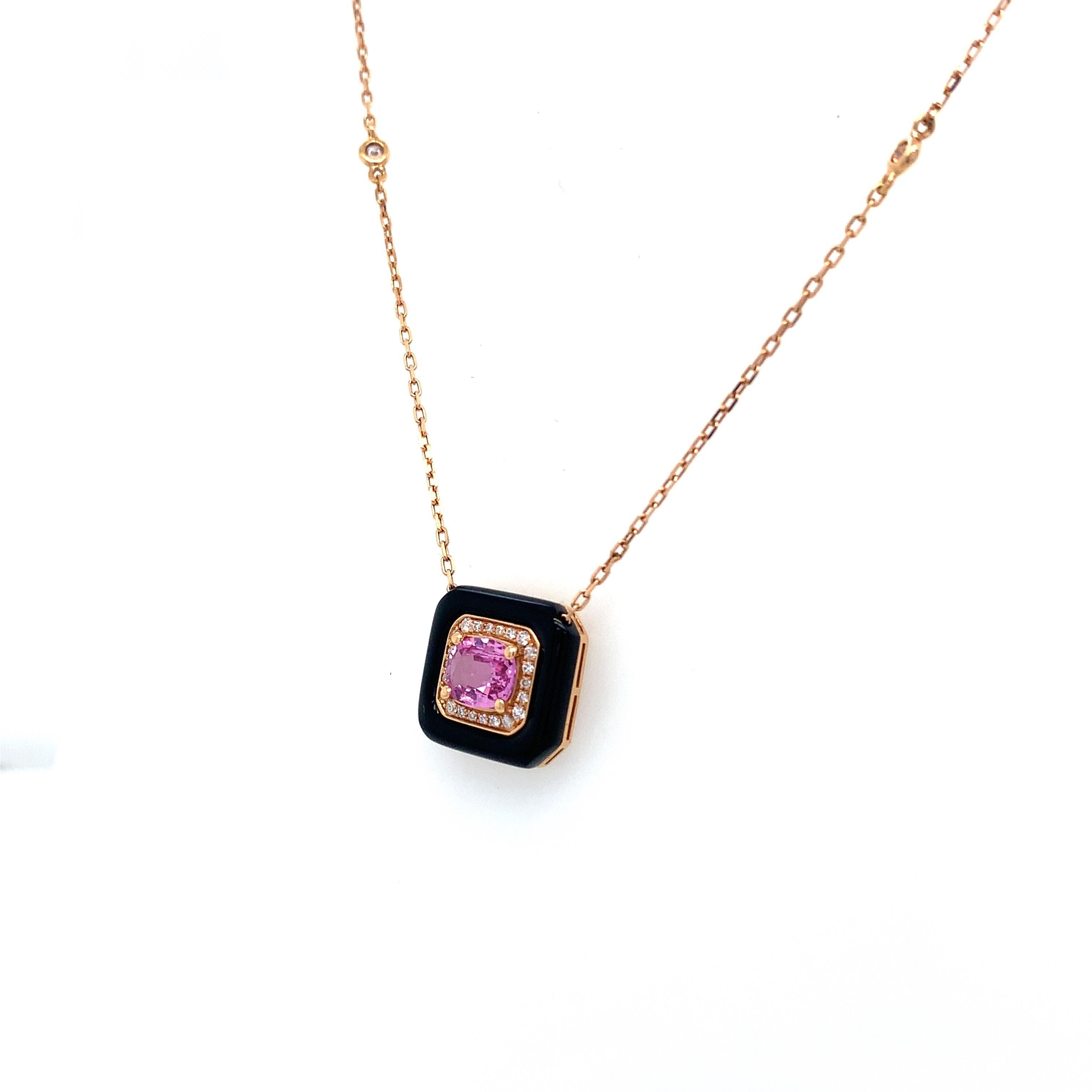RUCHI Pink Sapphire, Black Agate and Diamond Rose Gold Pendant Necklace In New Condition For Sale In New York, NY
