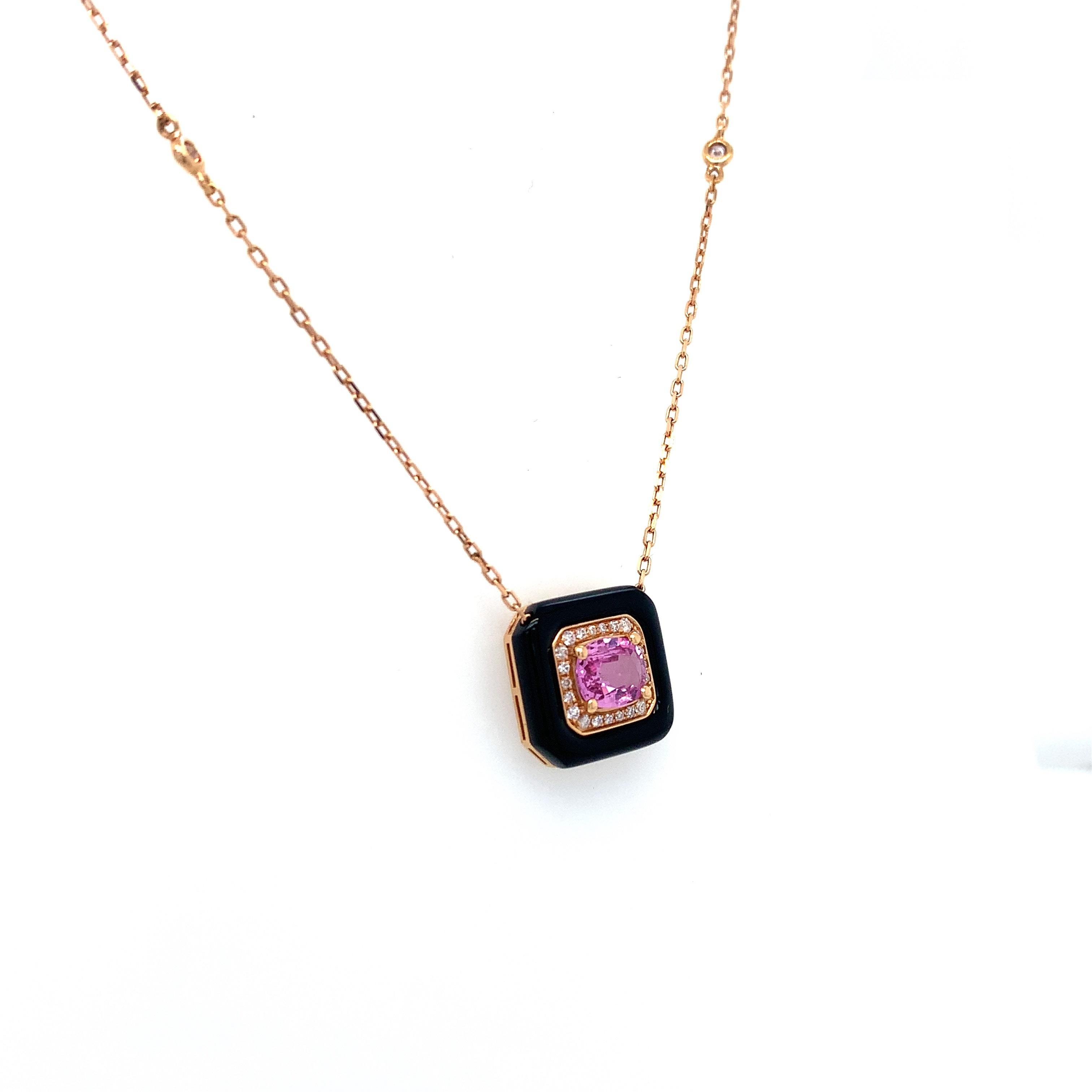 Women's RUCHI Pink Sapphire, Black Agate and Diamond Rose Gold Pendant Necklace For Sale