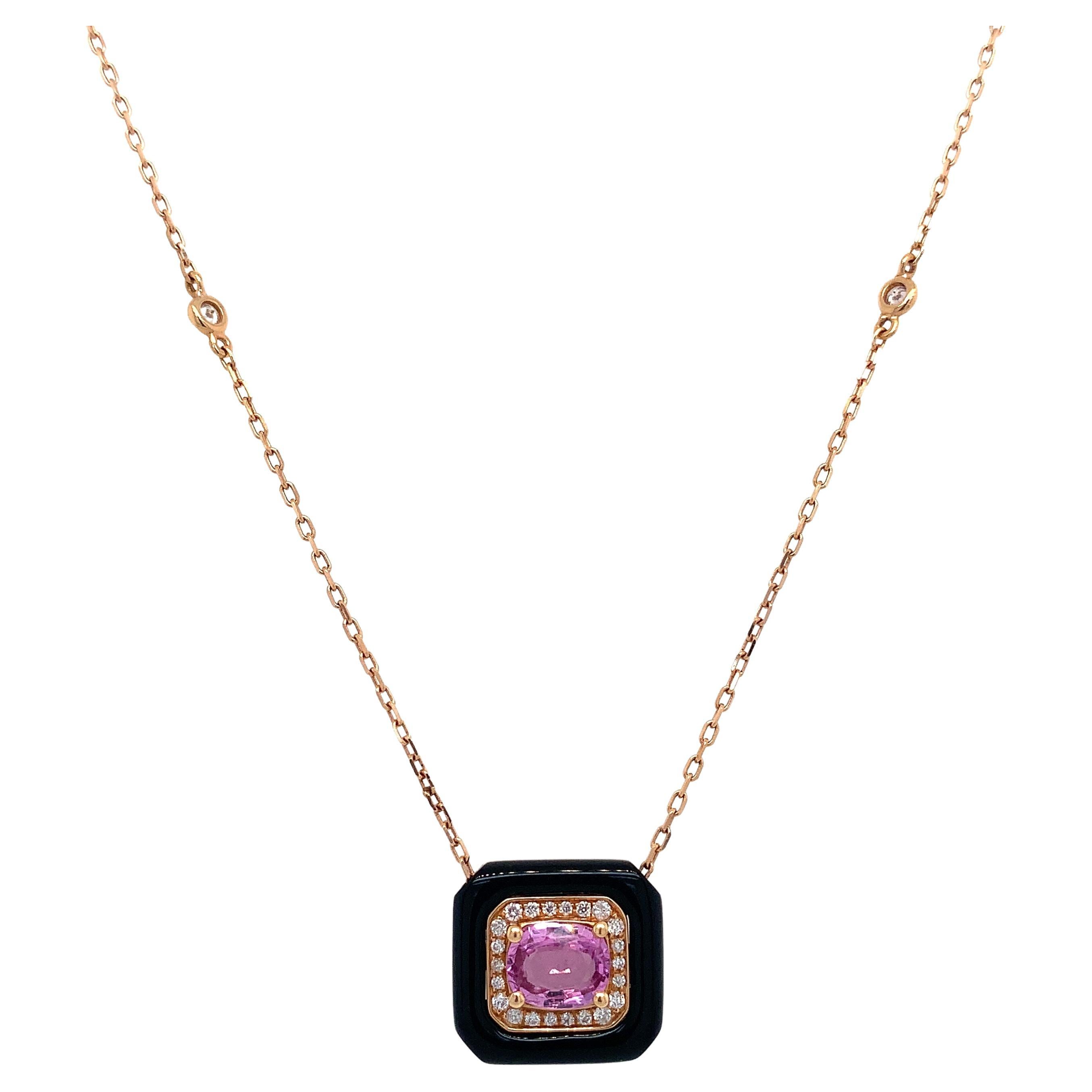 RUCHI Pink Sapphire, Black Agate and Diamond Rose Gold Pendant Necklace For Sale