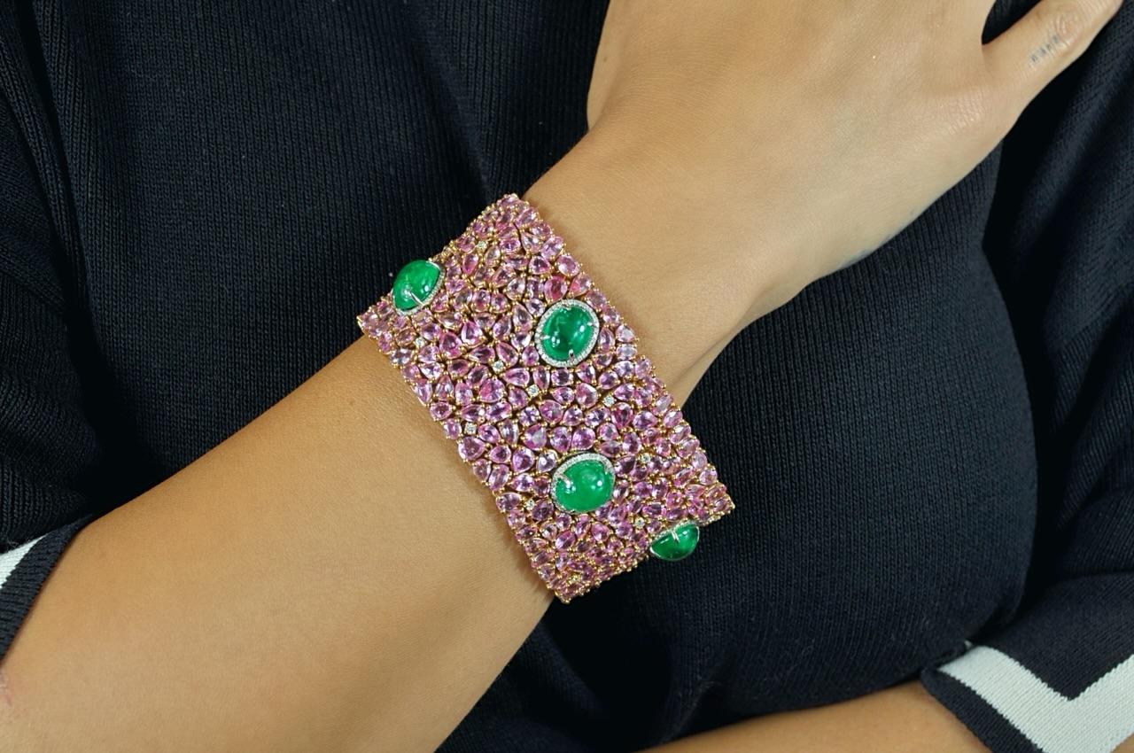 Mixed Cut RUCHI Pink Sapphire, Emerald and Diamond Rose Gold Wide Bracelet For Sale
