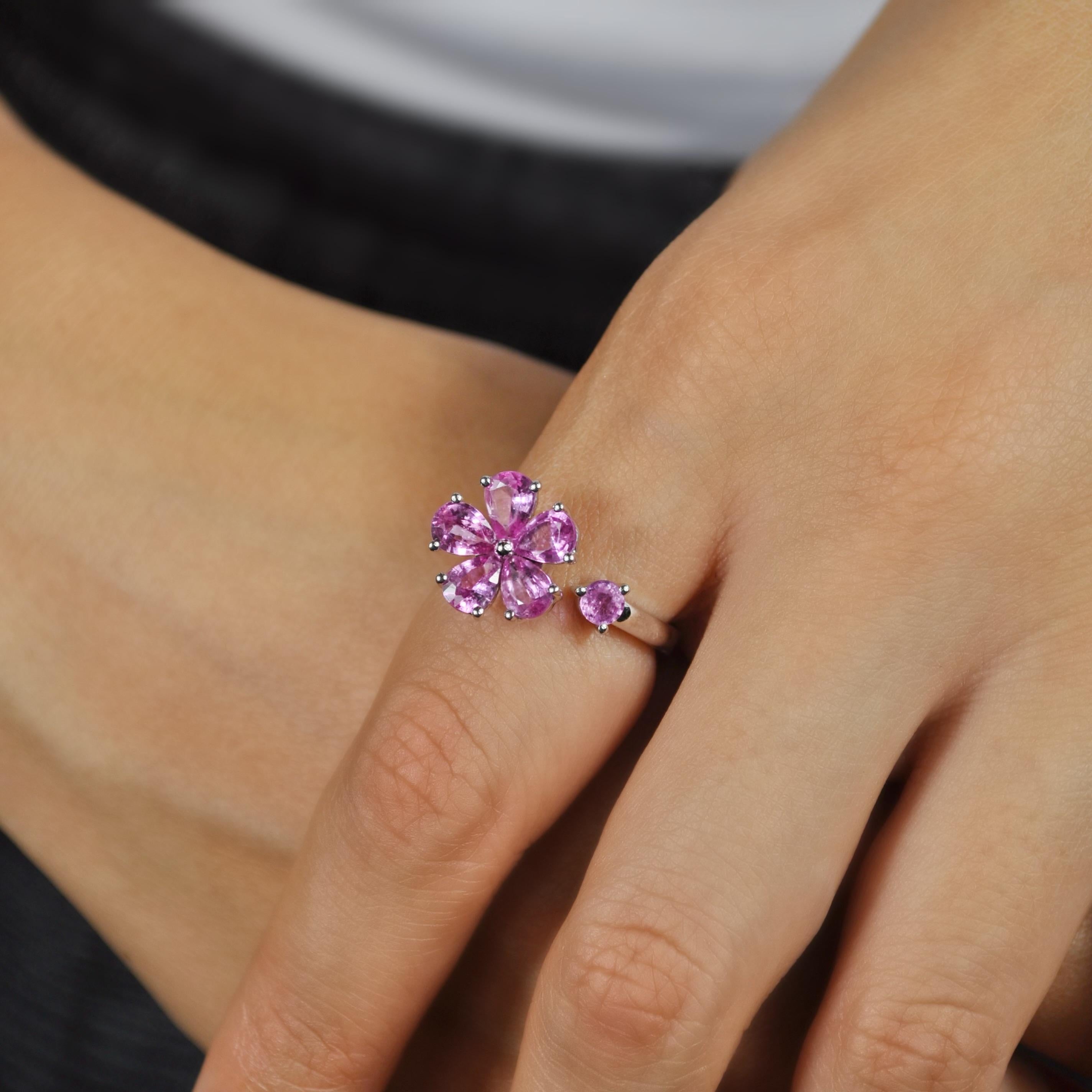 Women's RUCHI Pink Sapphire Flower White Gold Spinner Open-Shank Ring For Sale