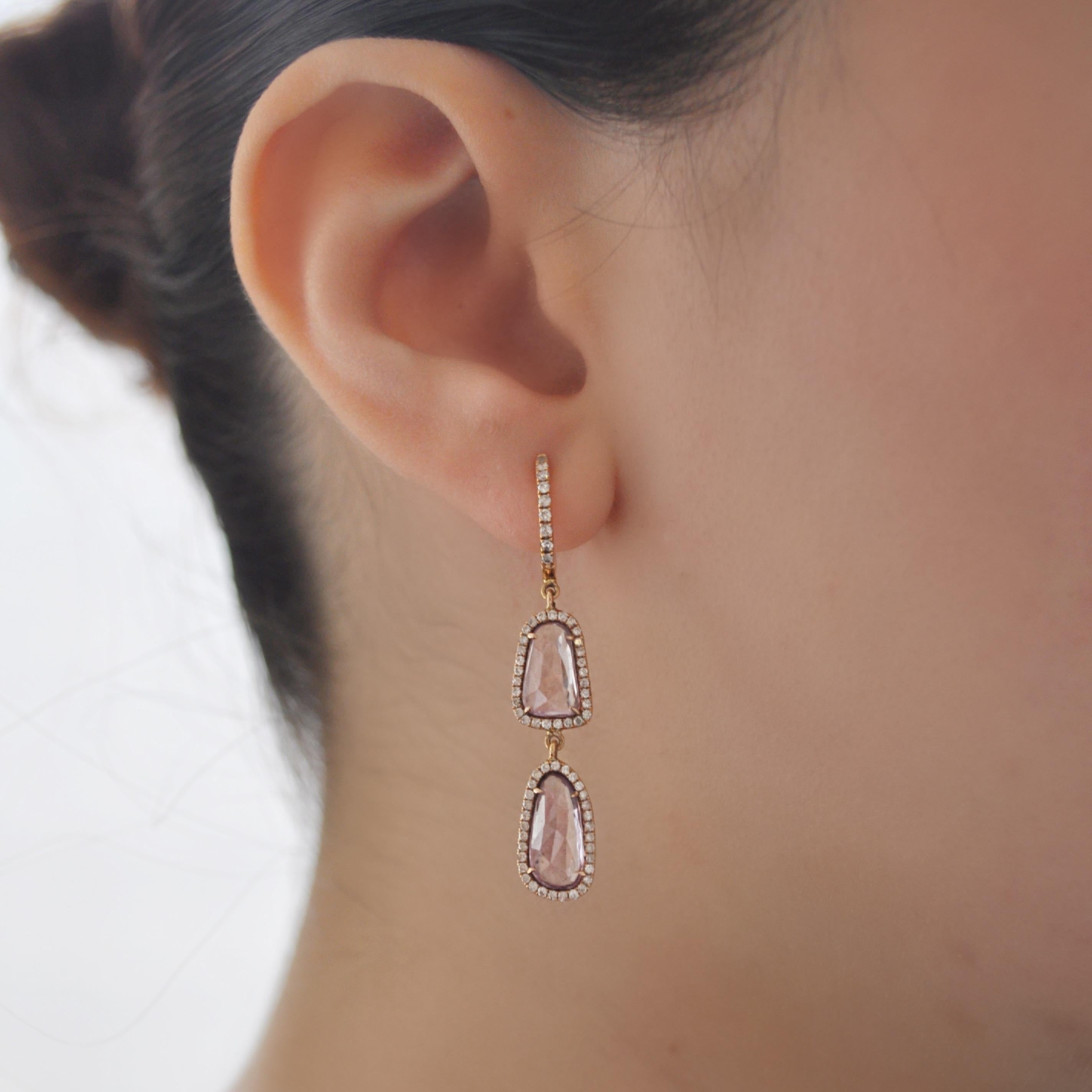 RUCHI Pink Sapphire Slice with Pavé Diamond Rose Gold Drop Earrings For Sale 1
