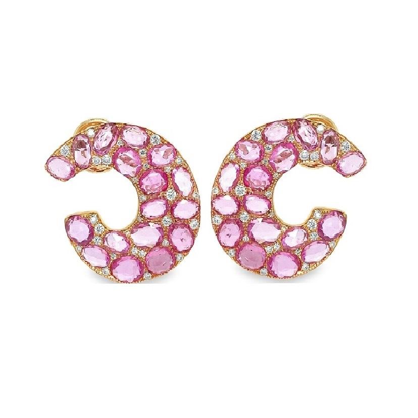 Featuring rose-cut pink sapphires with brilliant diamond accents set in 18k yellow gold, these C-shaped pushback earrings are the perfect addition to your summer jewelry rotation.

18K Yellow Gold
Pink Sapphires -9.47 Ct
Diamond - 0.51 Ct

All