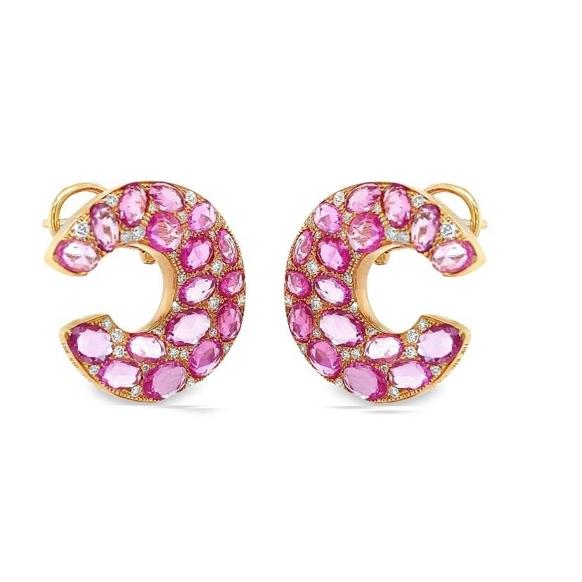 Contemporary RUCHI Rose Cut Pink Sapphire and Diamond Yellow Gold C-Shape Earrings For Sale