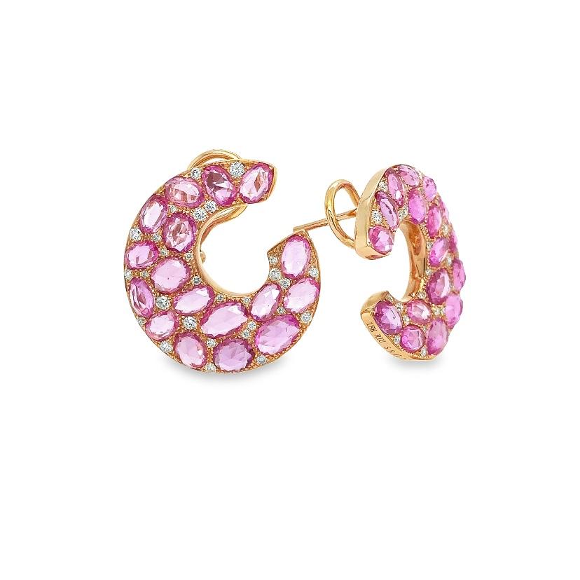 Mixed Cut RUCHI Rose Cut Pink Sapphire and Diamond Yellow Gold C-Shape Earrings For Sale