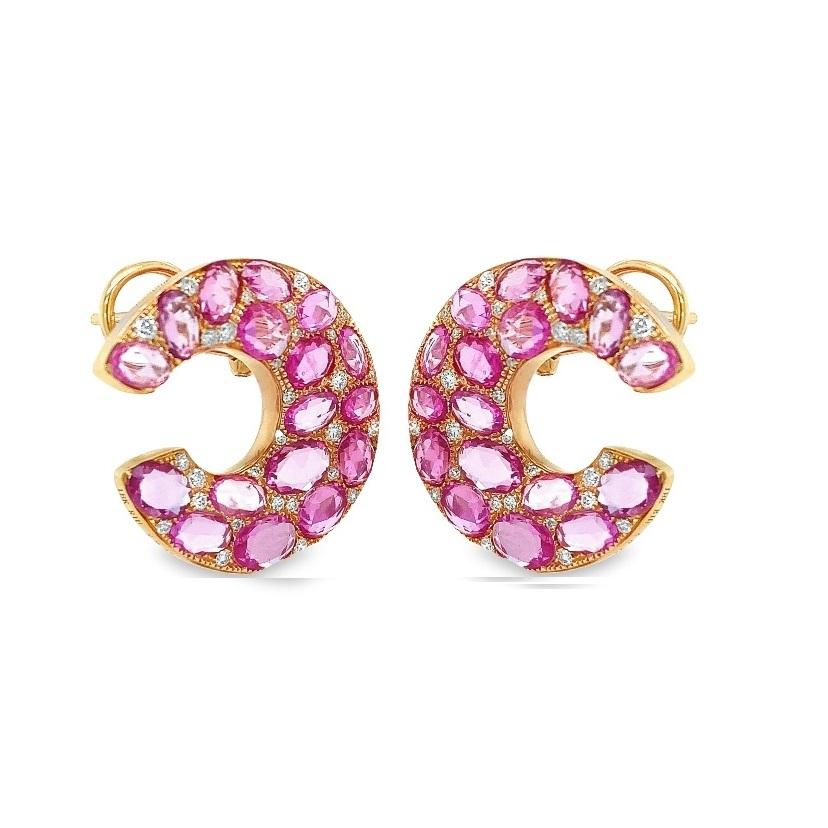 RUCHI Rose Cut Pink Sapphire and Diamond Yellow Gold C-Shape Earrings In New Condition For Sale In New York, NY